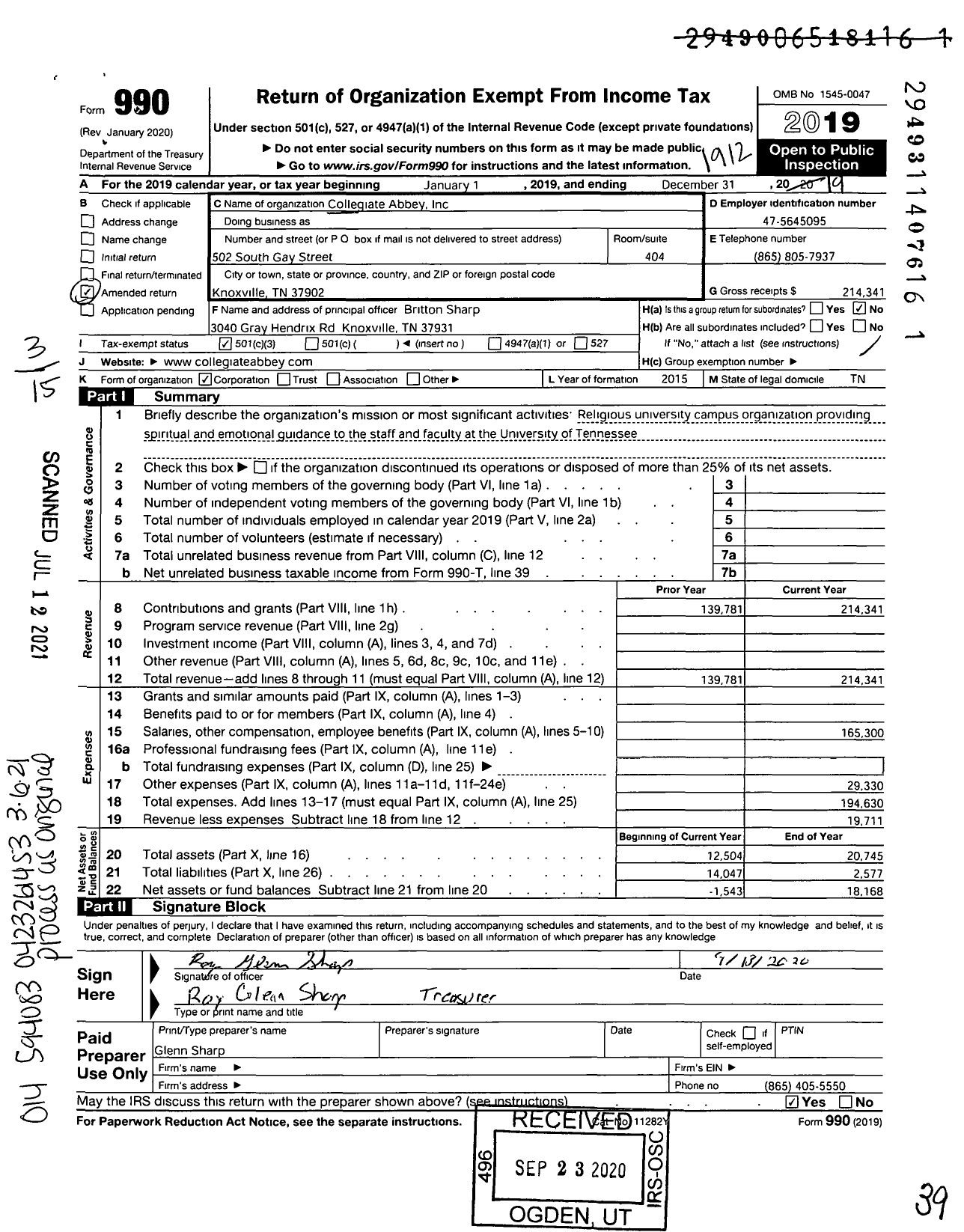 Image of first page of 2019 Form 990 for Collegiate Abbey