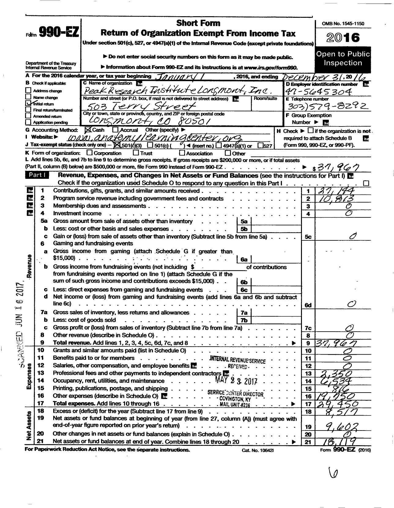 Image of first page of 2016 Form 990EZ for Peak Research Institute Longmont