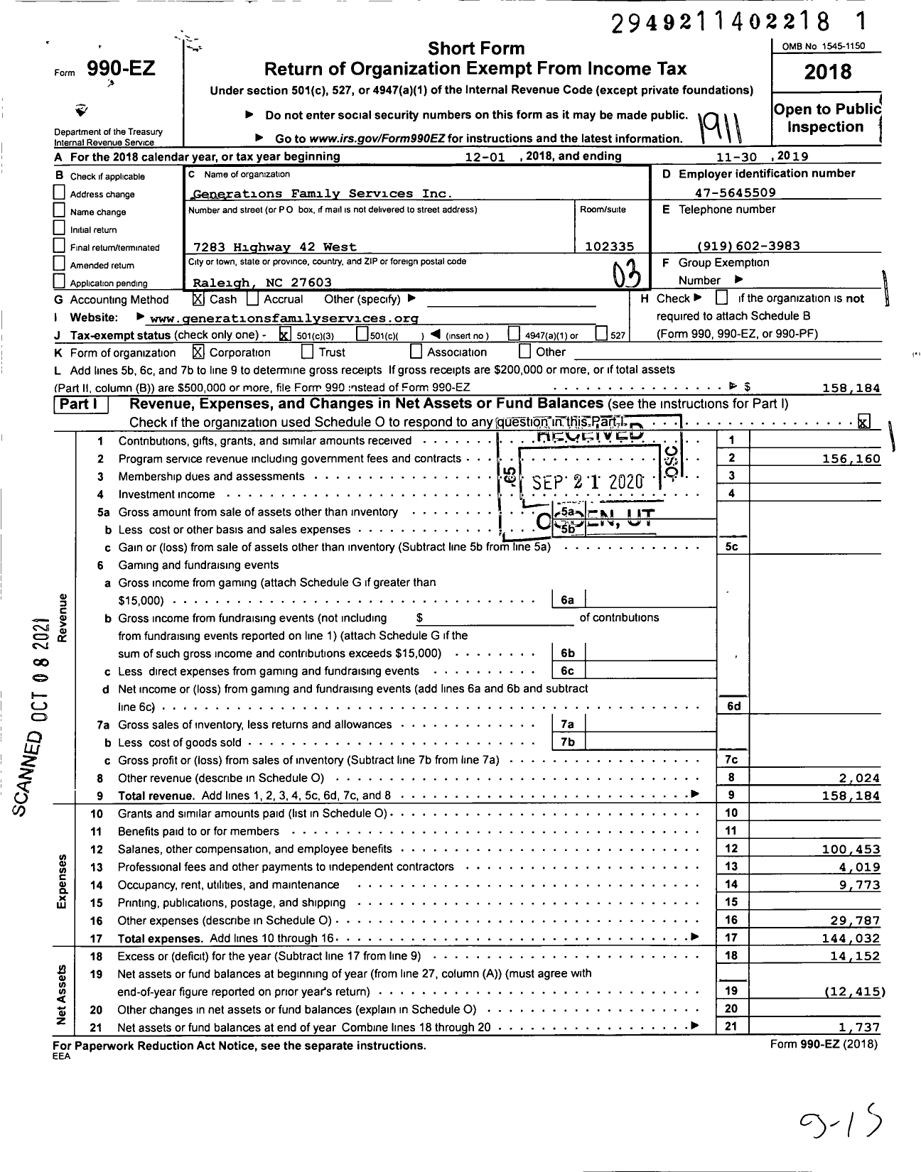 Image of first page of 2018 Form 990EZ for Generations Family Services