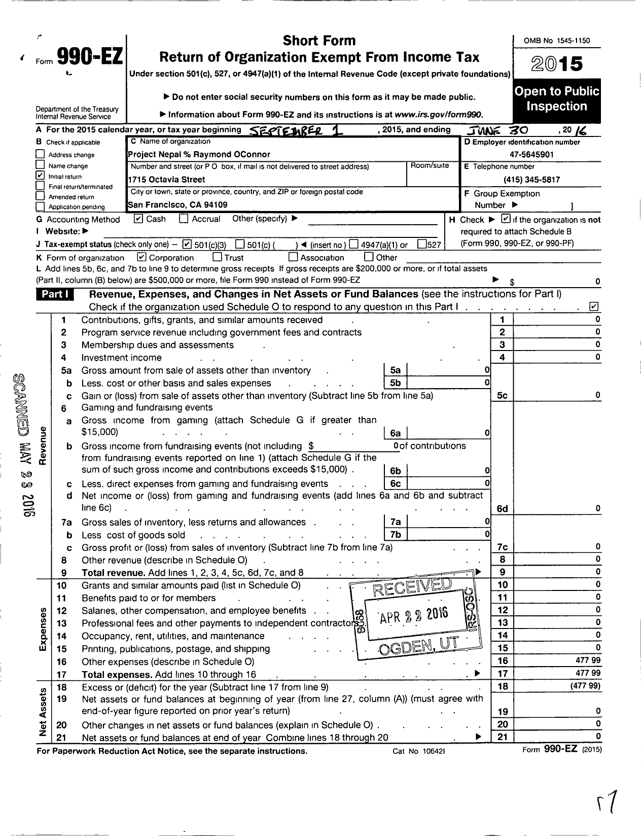 Image of first page of 2015 Form 990EZ for Project Nepal