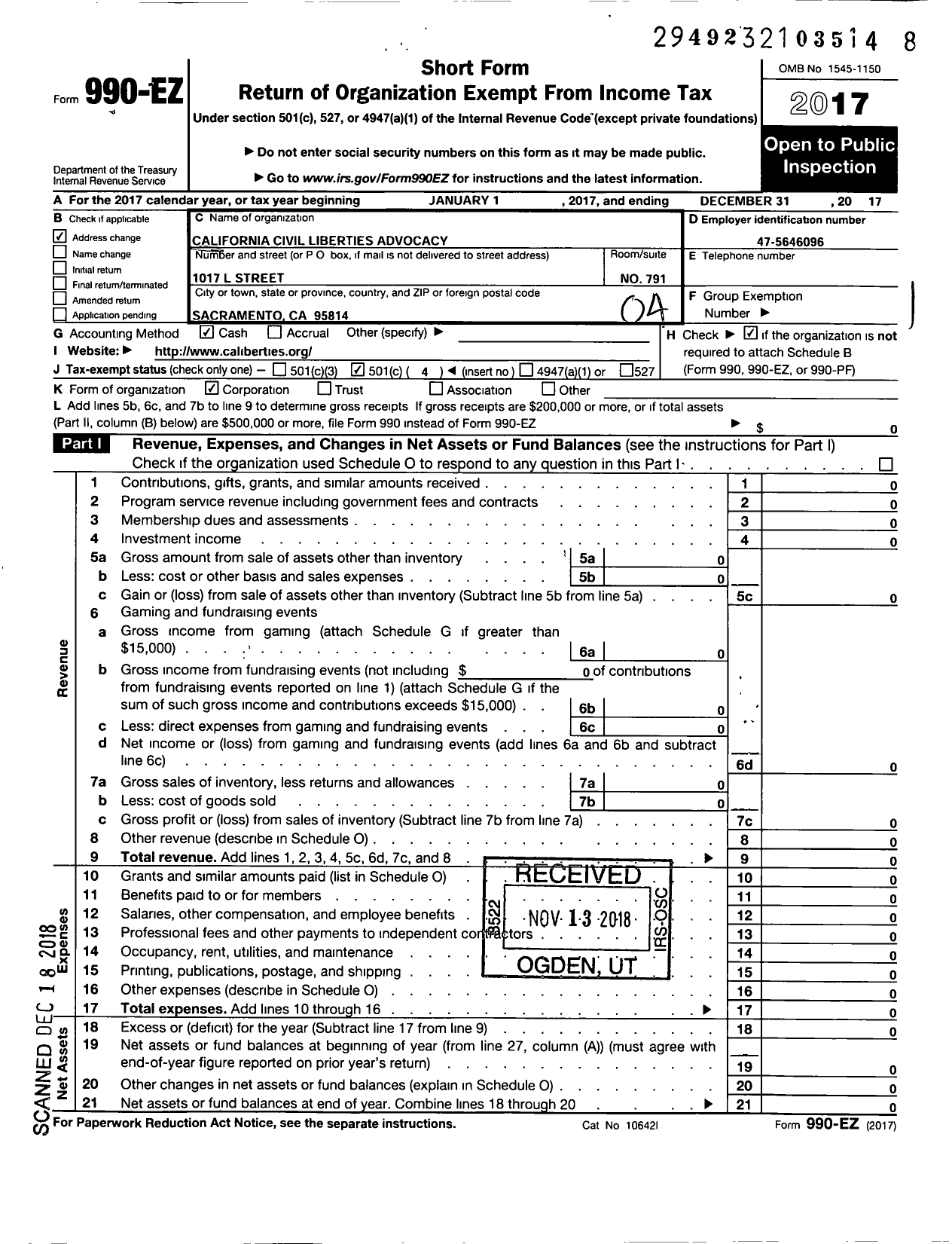 Image of first page of 2017 Form 990EO for California Civil Liberties Advocacy