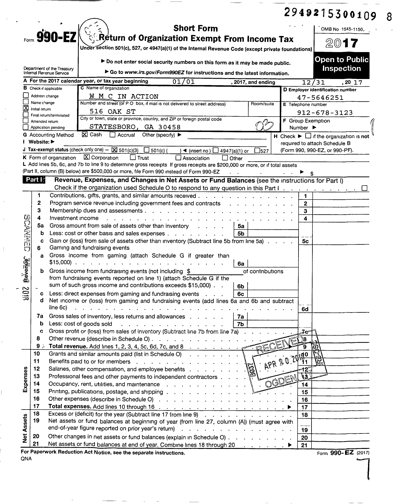 Image of first page of 2017 Form 990EZ for W M C in Action