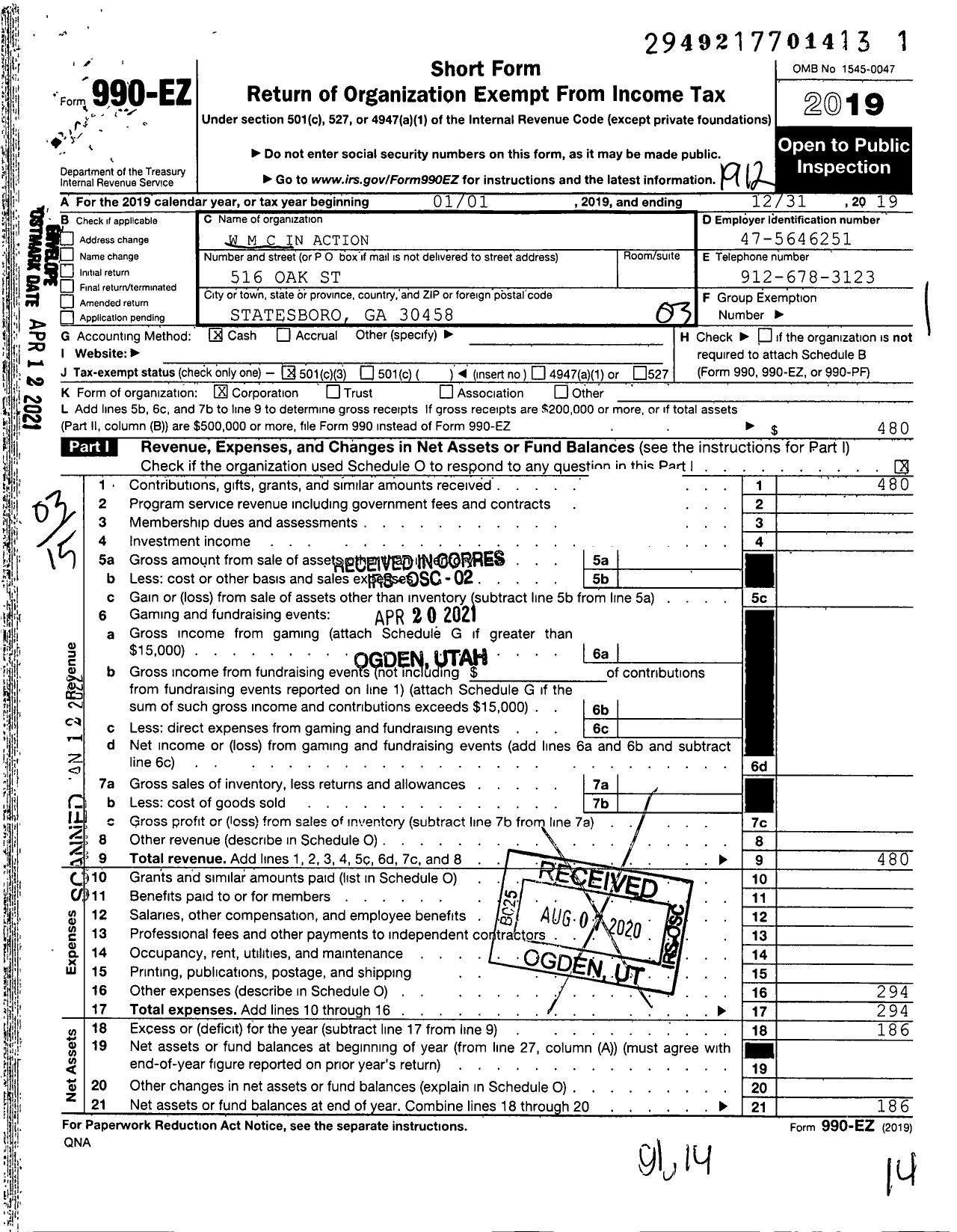 Image of first page of 2019 Form 990EZ for W M C in Action