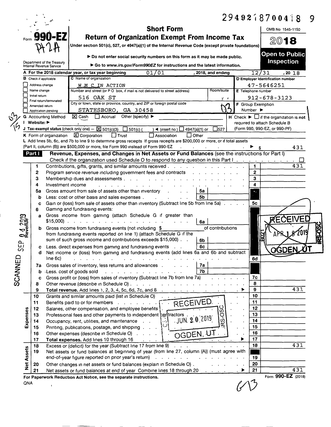 Image of first page of 2018 Form 990EZ for W M C in Action