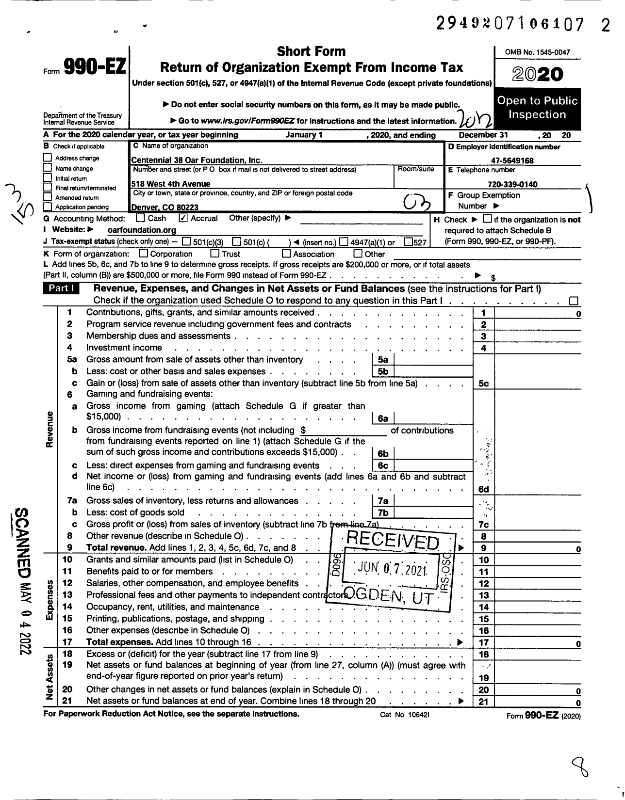 Image of first page of 2020 Form 990EZ for Centennial 38 Oar Foundation