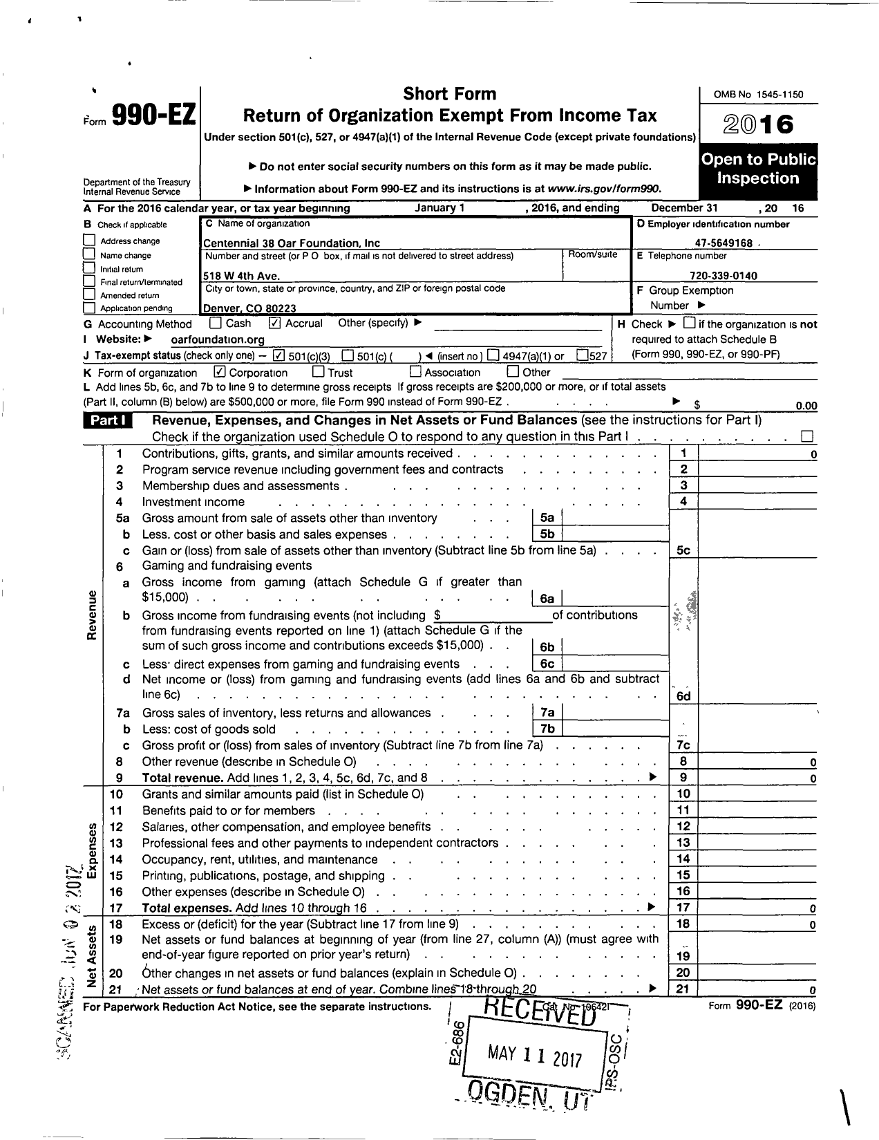 Image of first page of 2016 Form 990EZ for Centennial 38 Oar Foundation