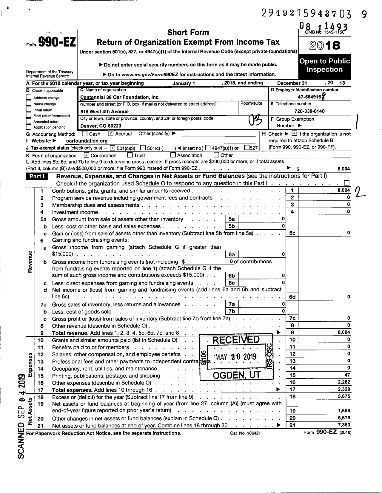 Image of first page of 2018 Form 990EZ for Centennial 38 Oar Foundation