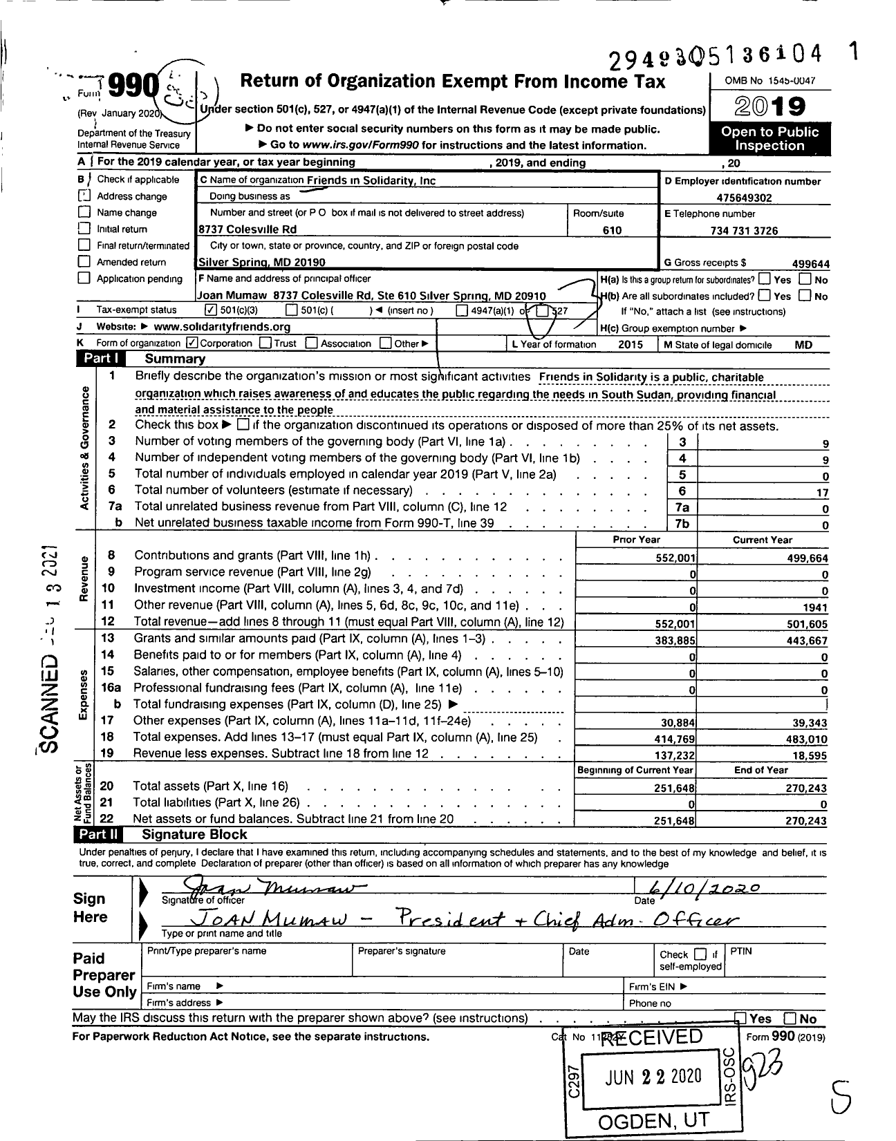 Image of first page of 2019 Form 990 for Friends in Solidarity