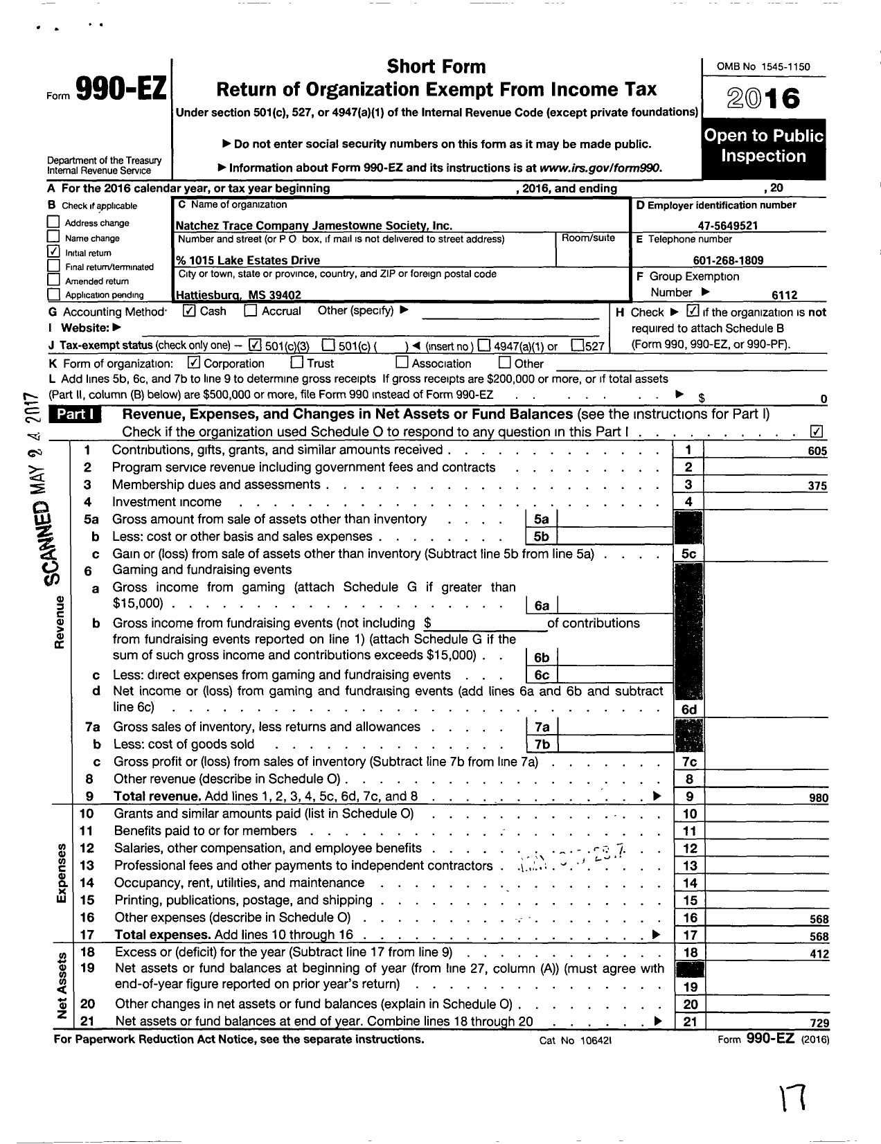 Image of first page of 2016 Form 990EZ for Jamestowne Society / Natchez Trace Company