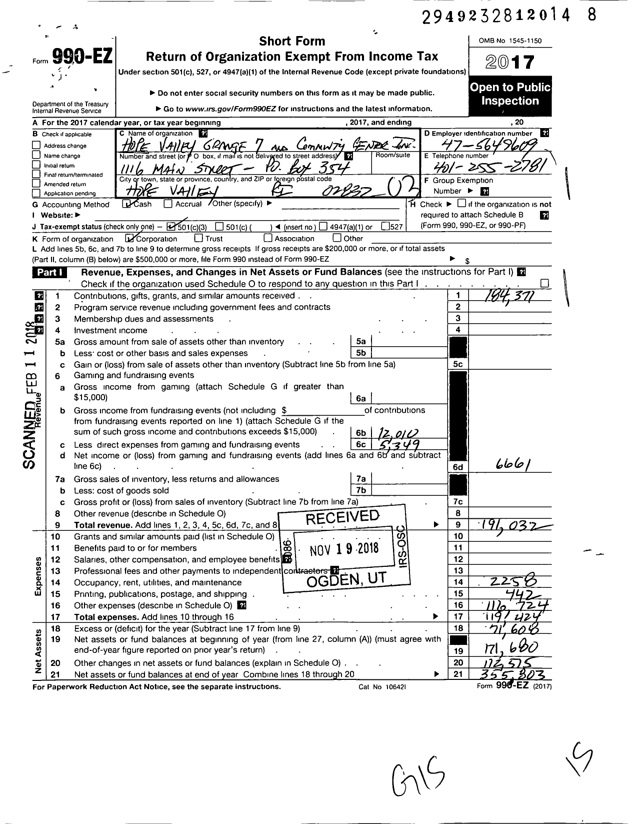 Image of first page of 2017 Form 990EZ for Hope Valley Grange 7 and Community Center