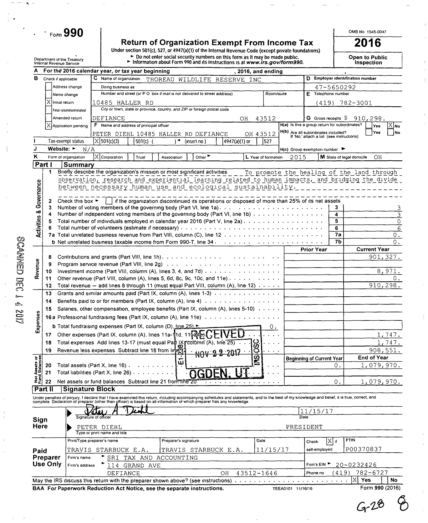 Image of first page of 2016 Form 990 for Thoreau Wildlife Reserve 22248 St RT 18 Defiance Oh 43512