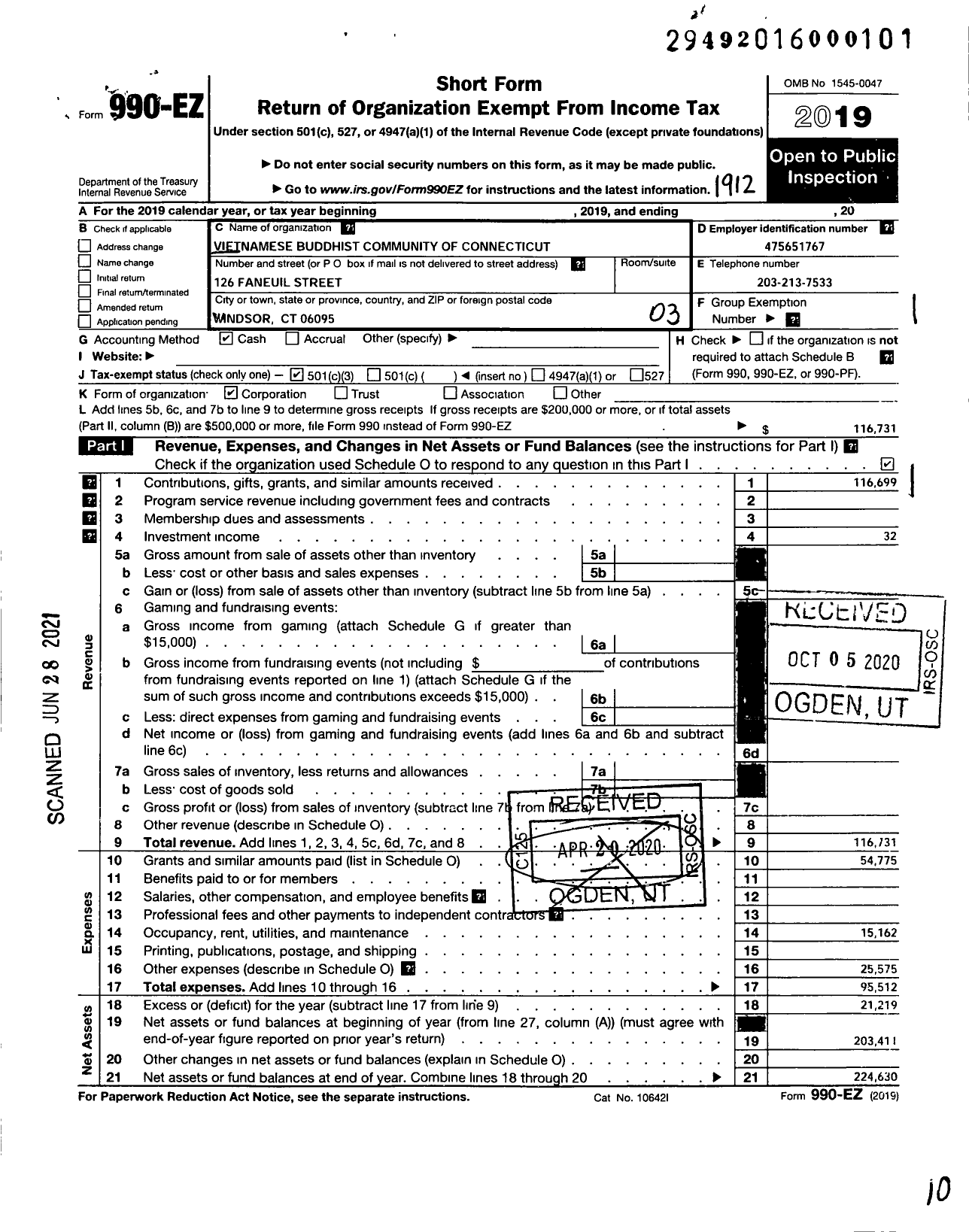 Image of first page of 2019 Form 990EZ for Vietnamese Buddhist Community of Connecticut