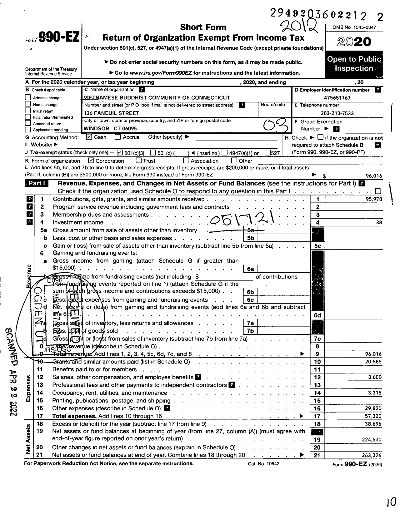 Image of first page of 2020 Form 990EZ for Vietnamese Buddhist Community of Connecticut