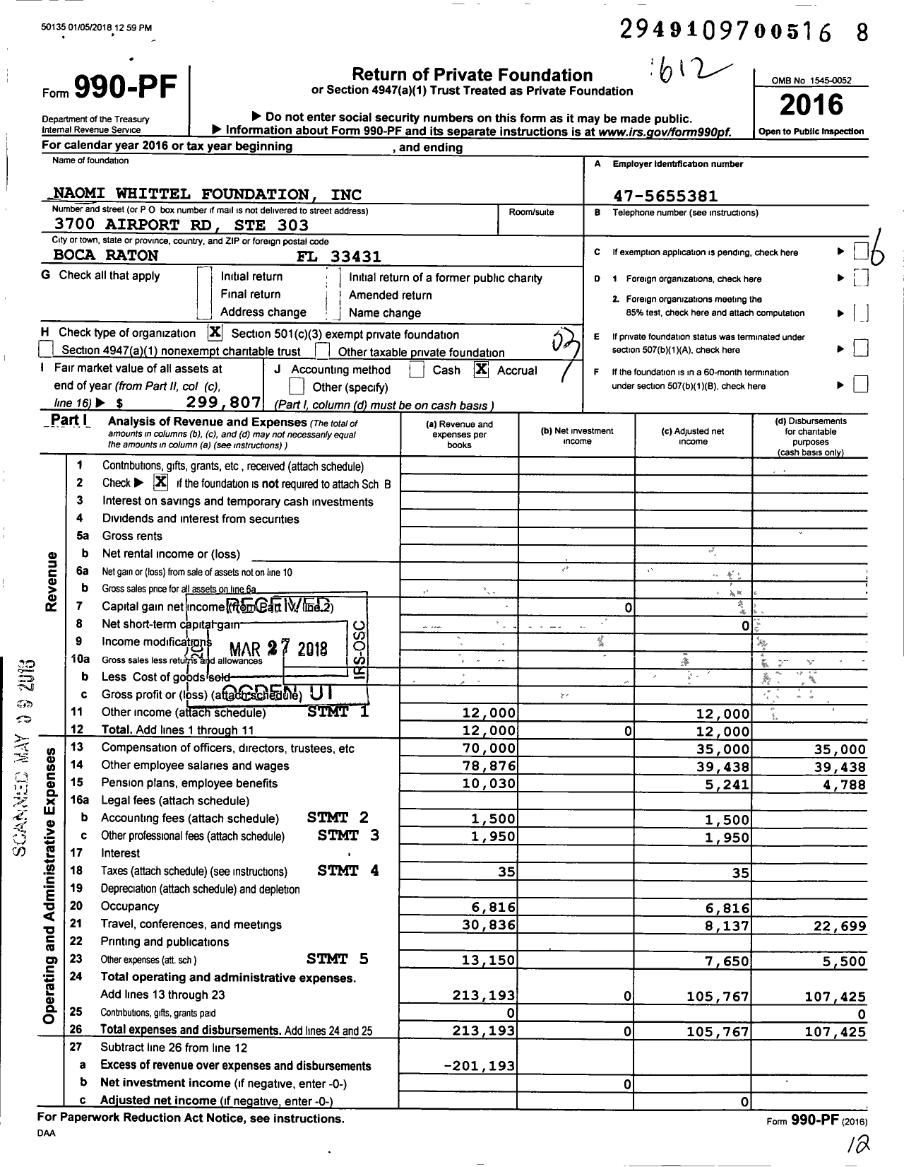 Image of first page of 2016 Form 990PF for Naomi Whittel Foundation