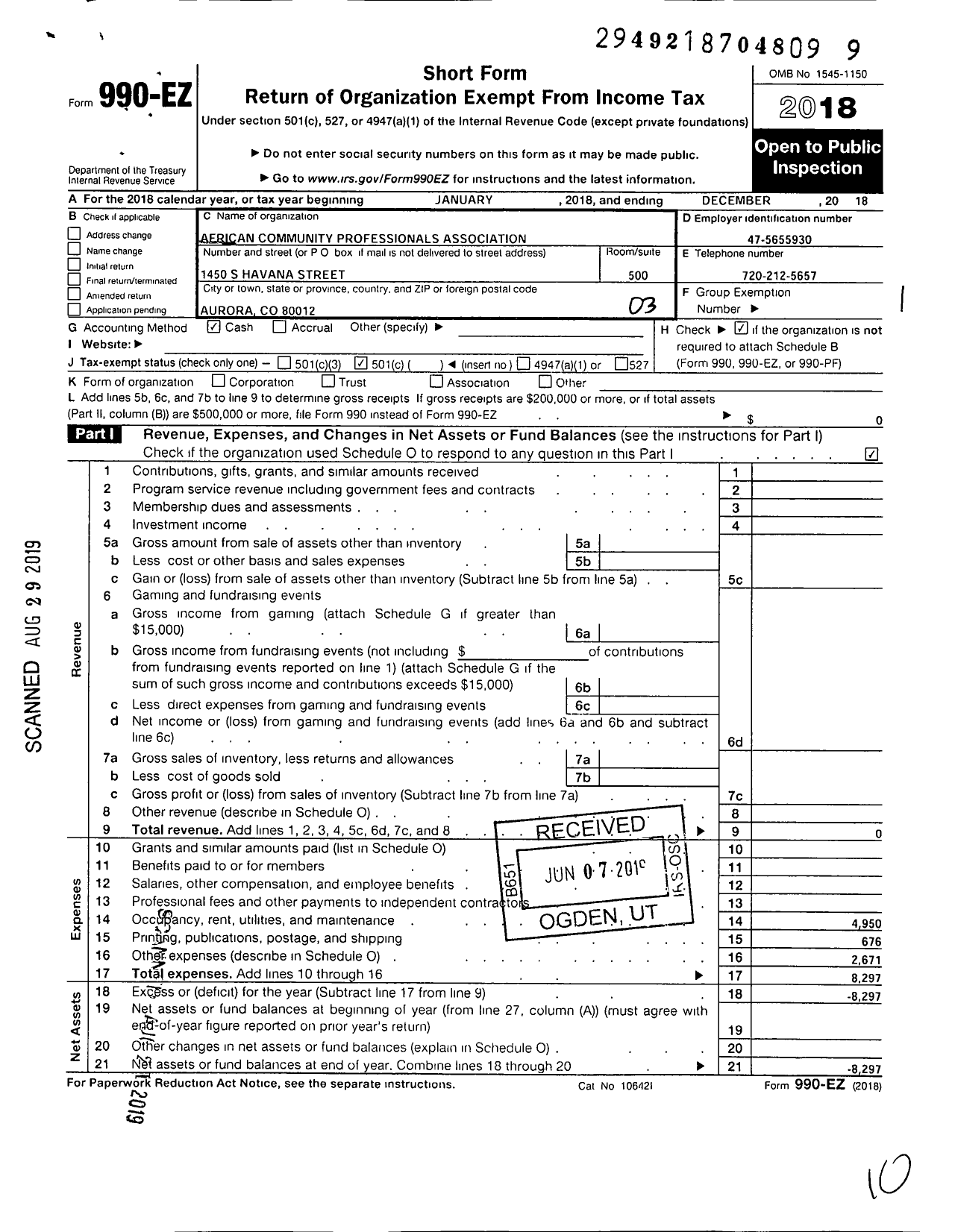 Image of first page of 2018 Form 990EZ for African Global Leadership