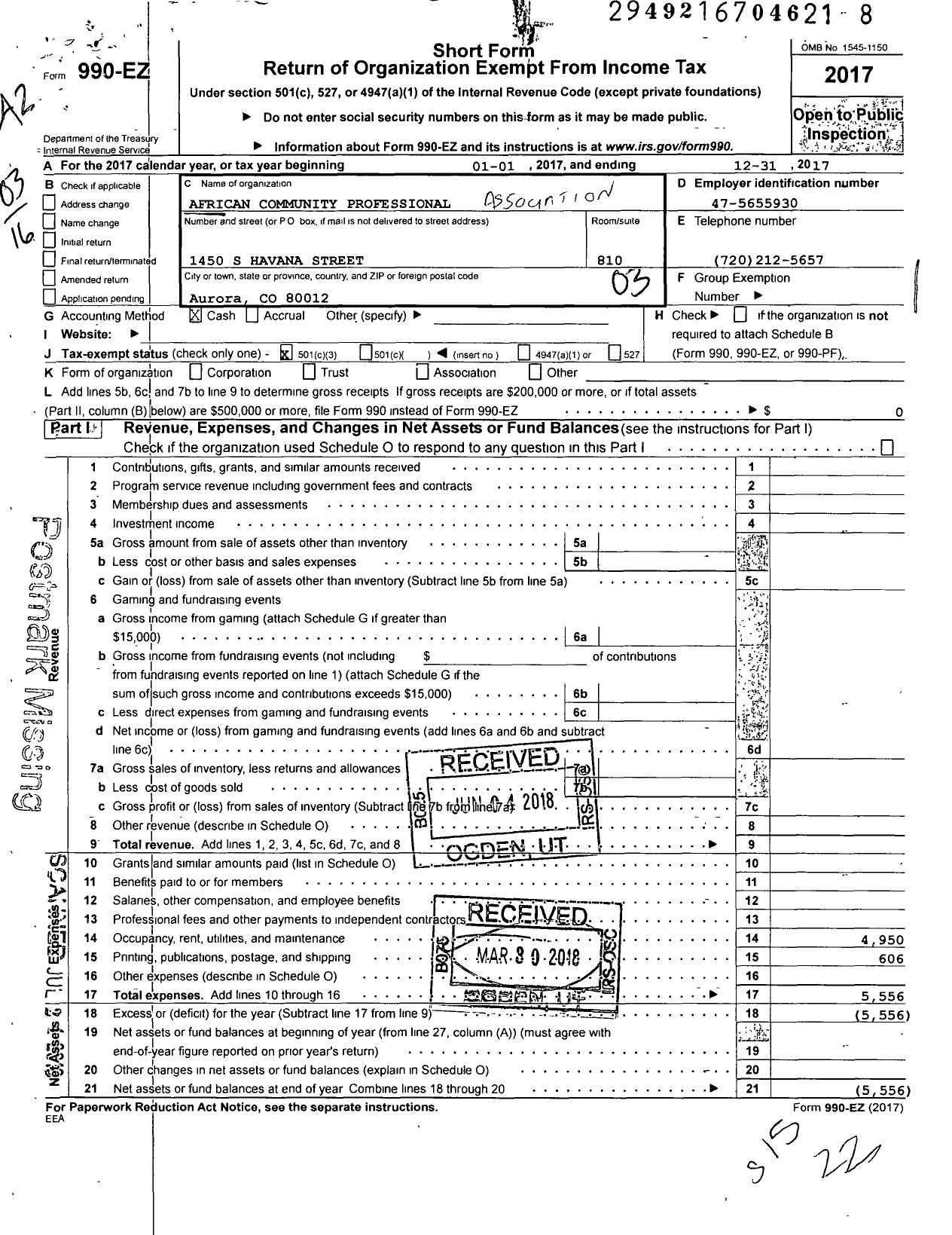 Image of first page of 2017 Form 990EZ for African Global Leadership