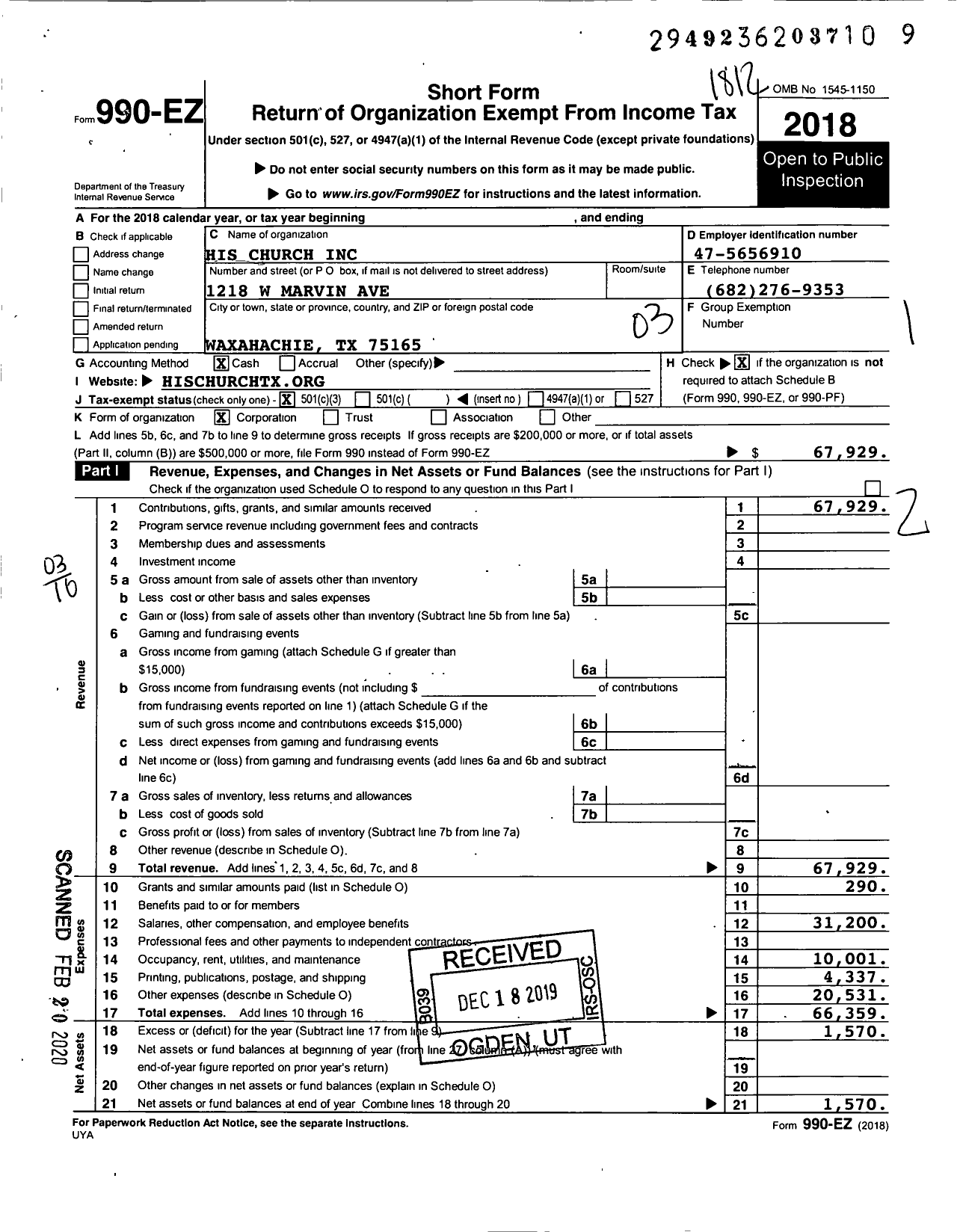 Image of first page of 2018 Form 990EZ for His Church