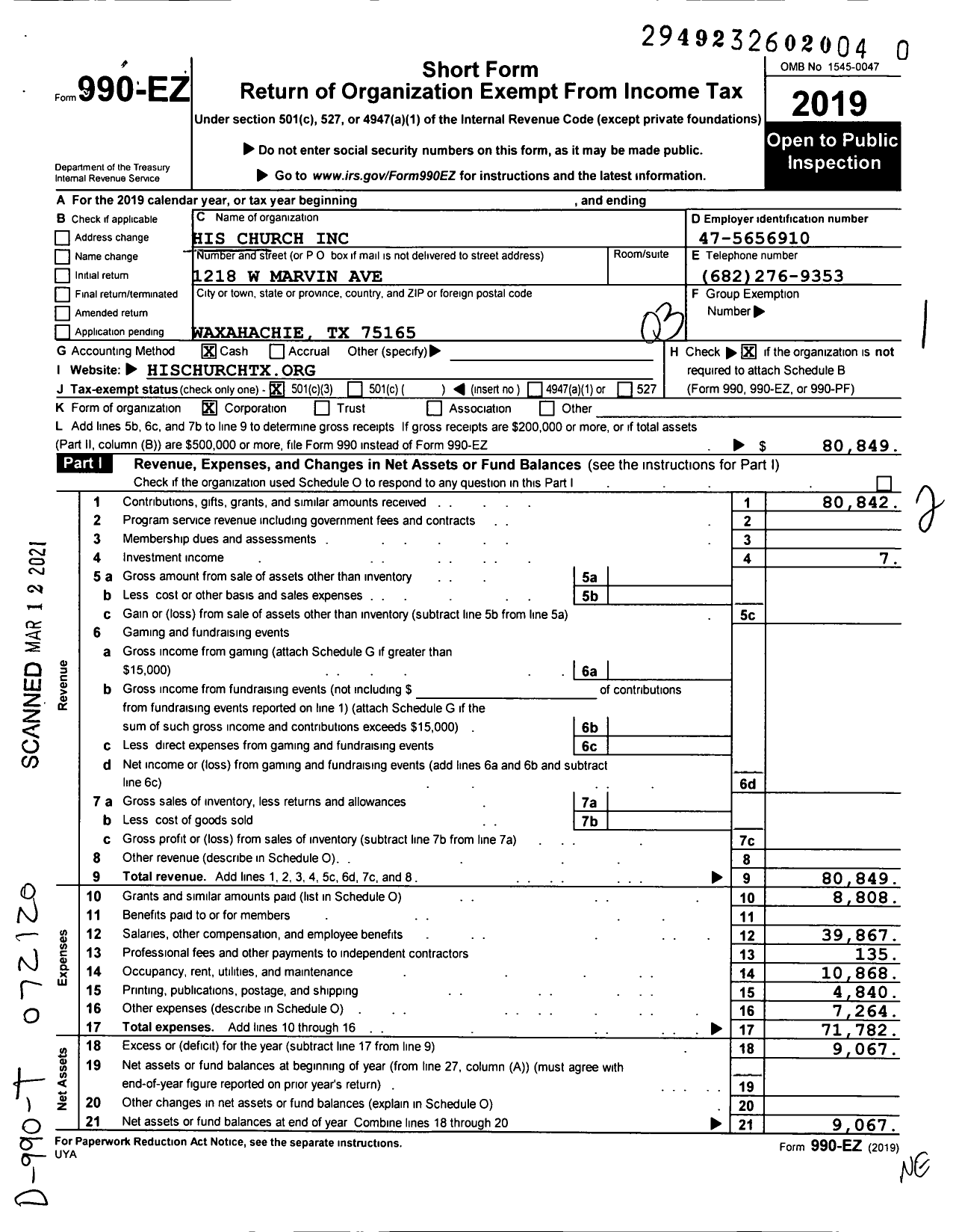 Image of first page of 2019 Form 990EZ for His Church