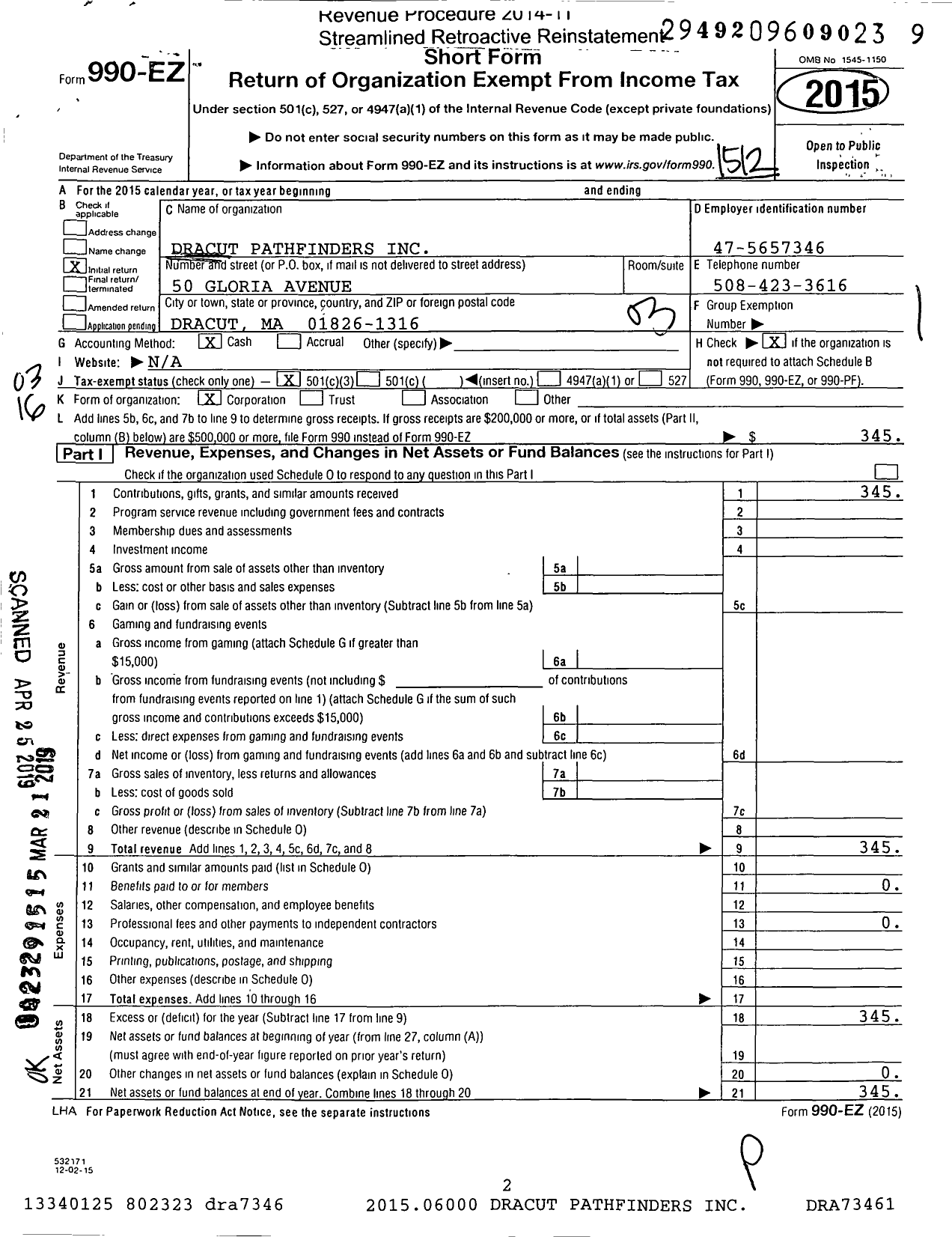 Image of first page of 2015 Form 990EZ for Dracut Pathfinders