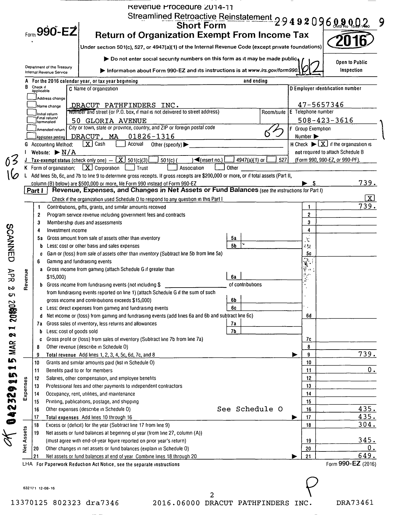 Image of first page of 2016 Form 990EZ for Dracut Pathfinders