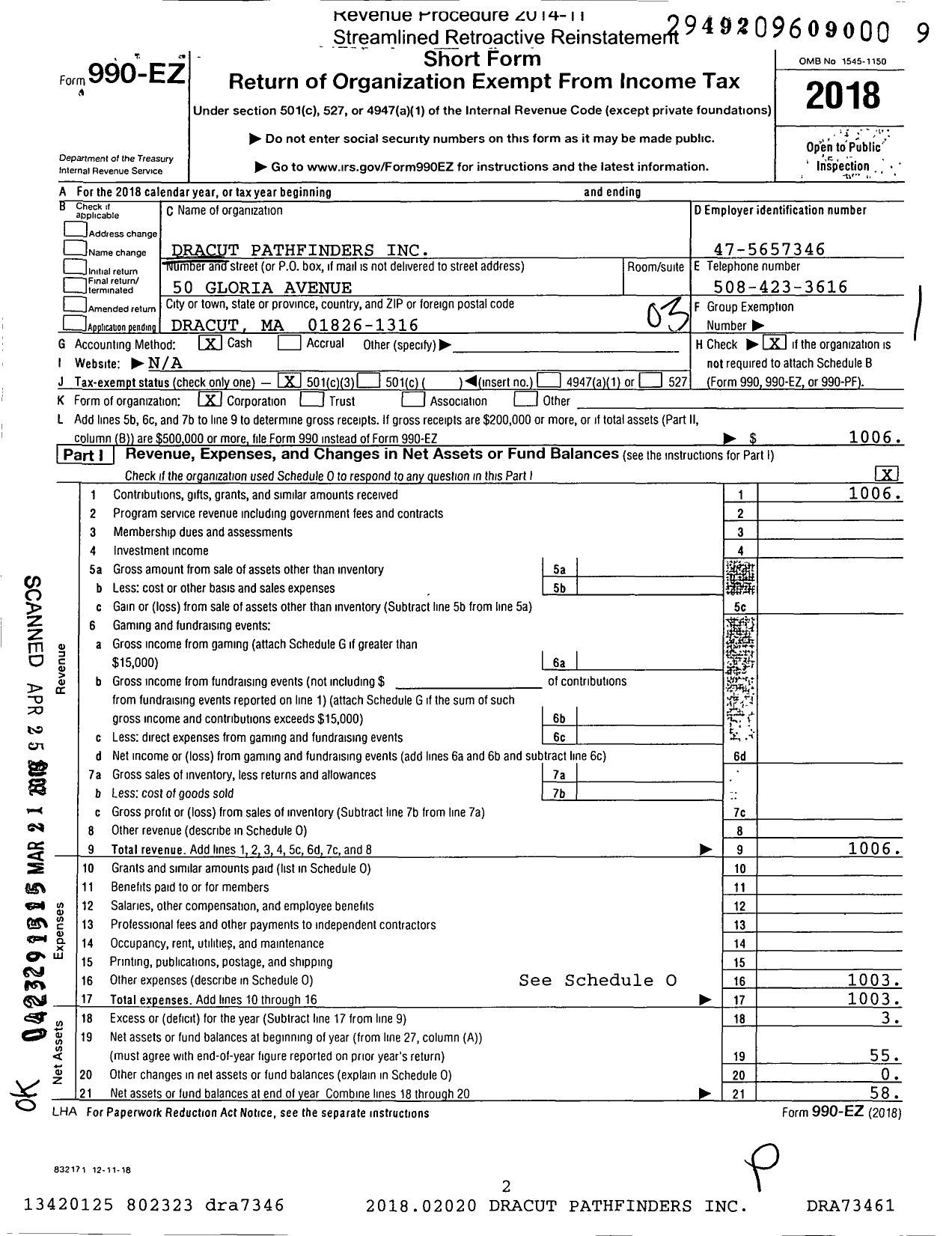 Image of first page of 2018 Form 990EZ for Dracut Pathfinders