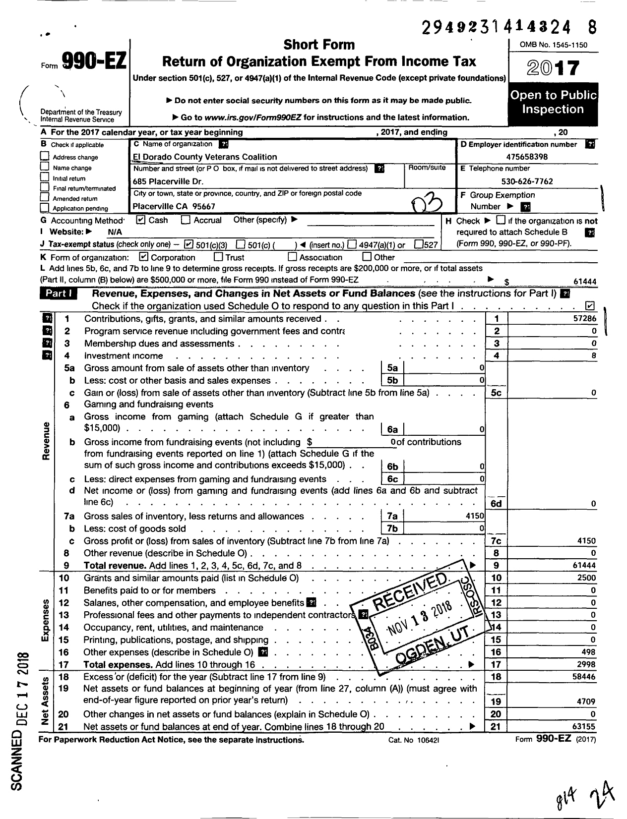 Image of first page of 2017 Form 990EZ for El Dorado County Veterans Coalition