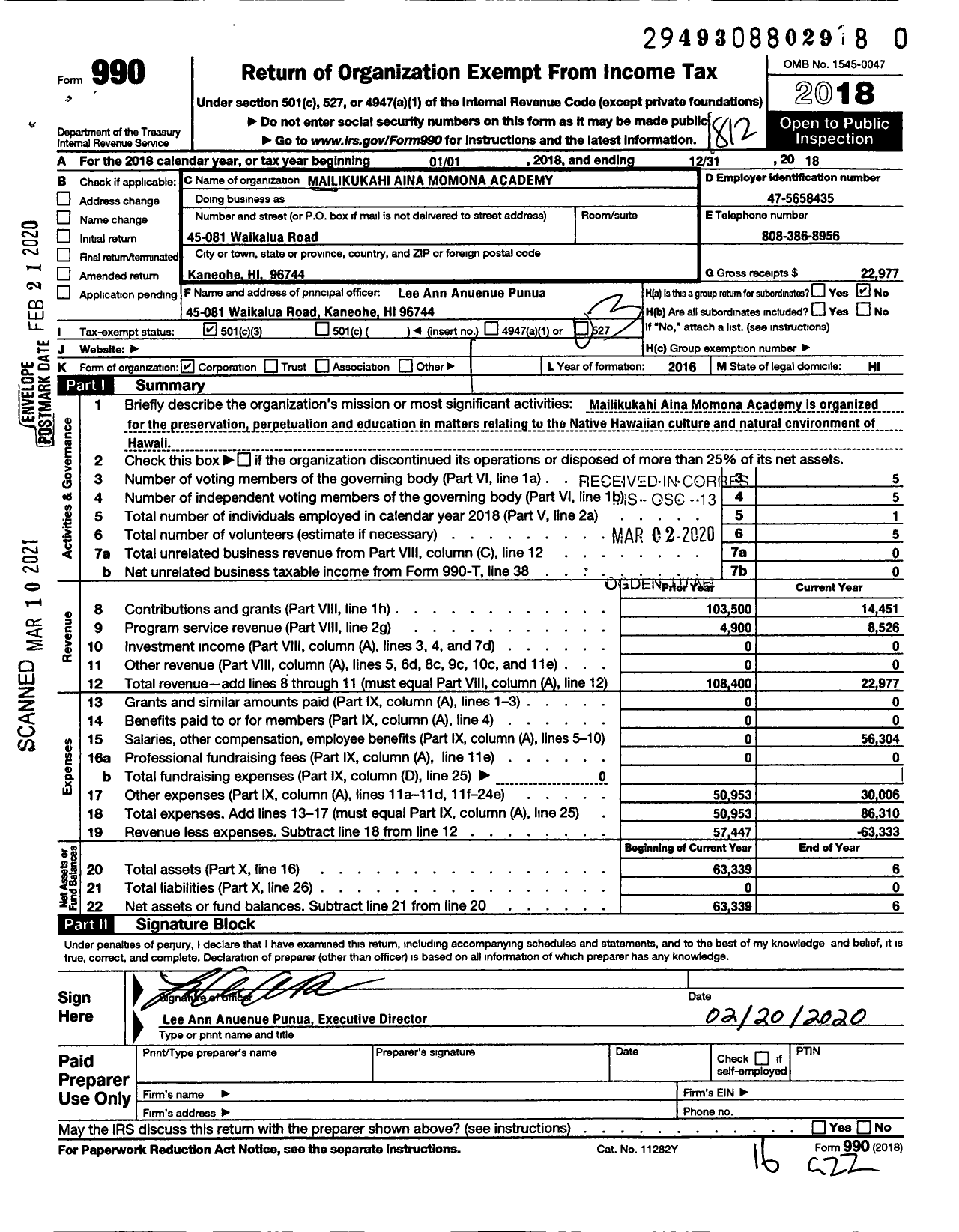 Image of first page of 2018 Form 990 for Mailikukahi Aina Momona Academy