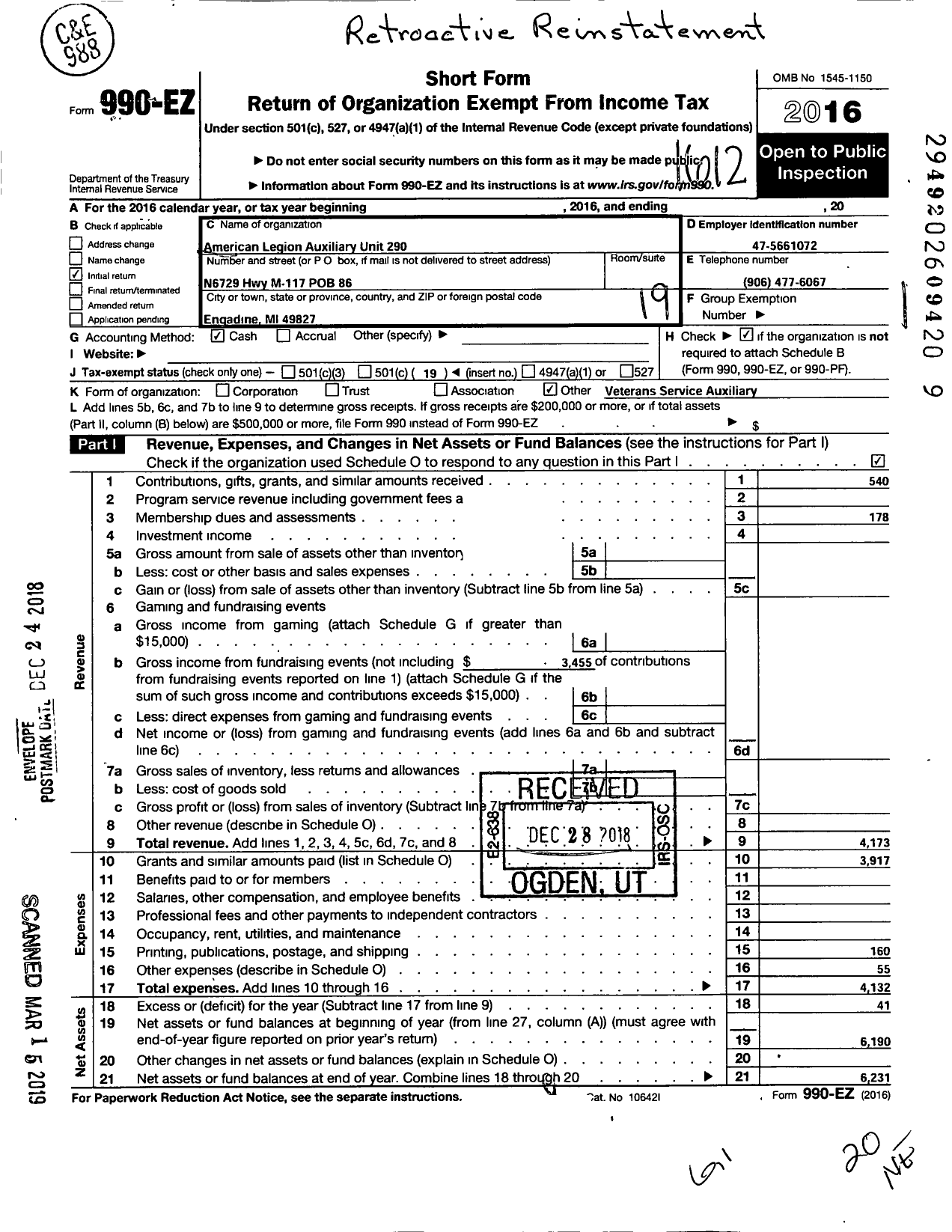 Image of first page of 2016 Form 990EO for American Legion Auxiliary at Engadine of Feneley-Mcneil