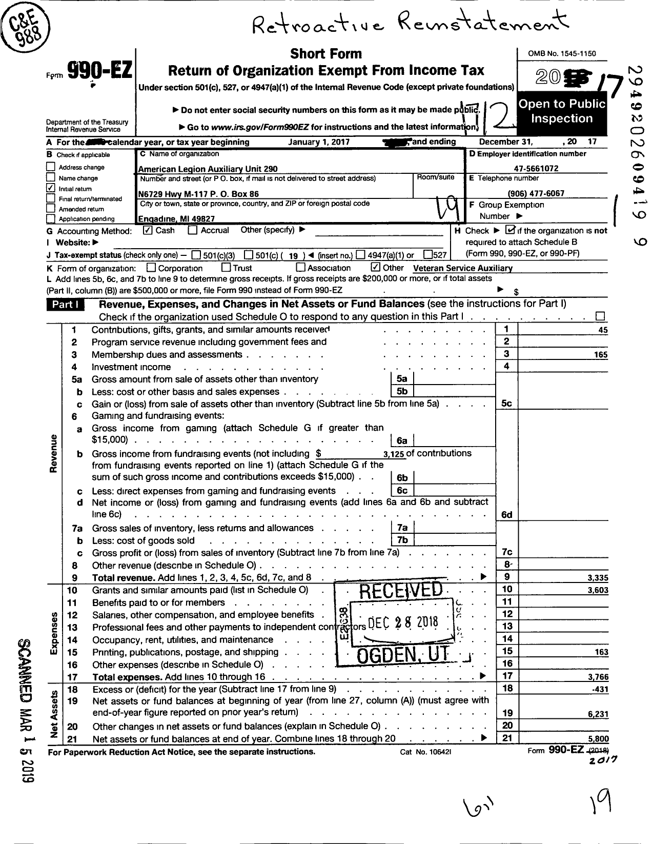 Image of first page of 2017 Form 990EO for American Legion Auxiliary at Engadine of Feneley-Mcneil