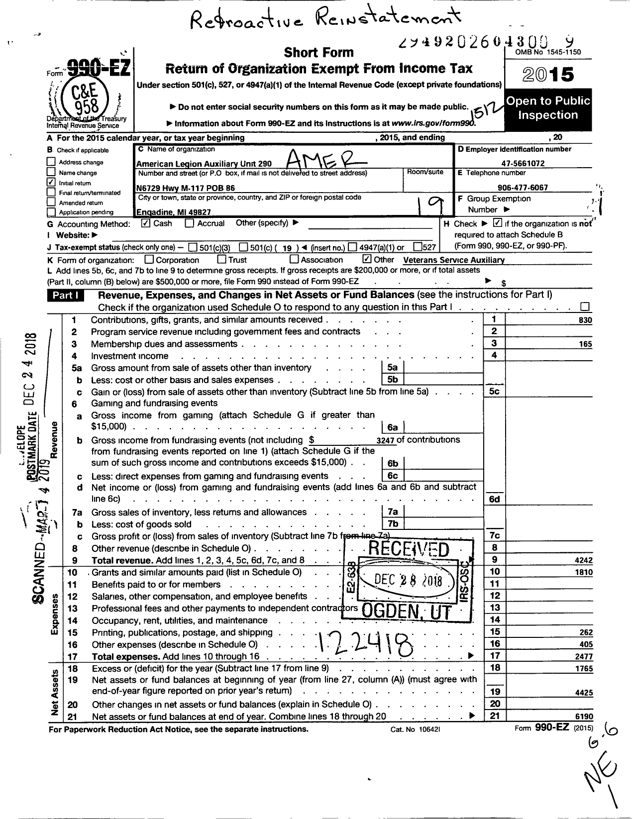 Image of first page of 2015 Form 990EO for American Legion Auxiliary at Engadine of Feneley-Mcneil