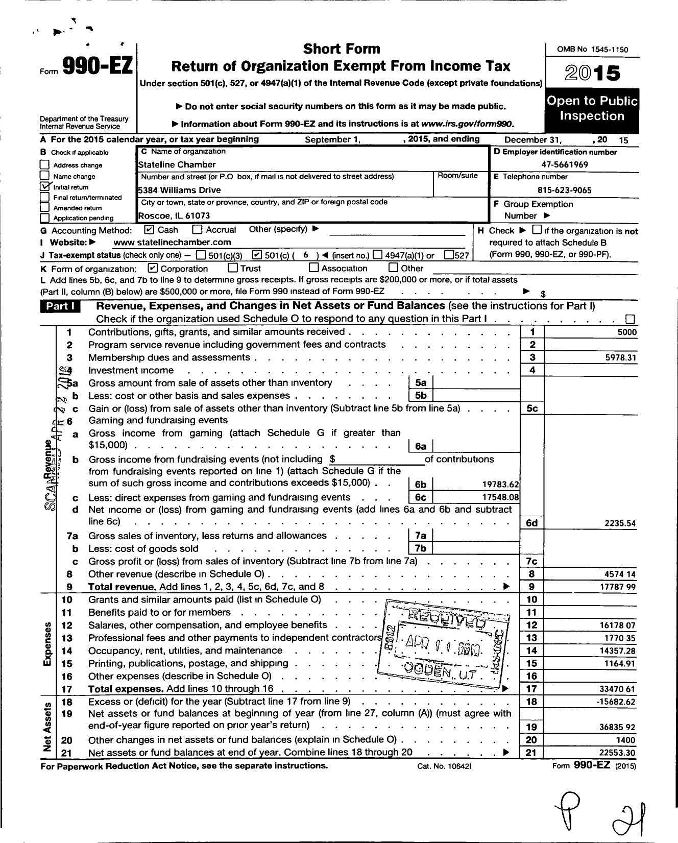 Image of first page of 2015 Form 990EO for Stateline Chamber of Commerce