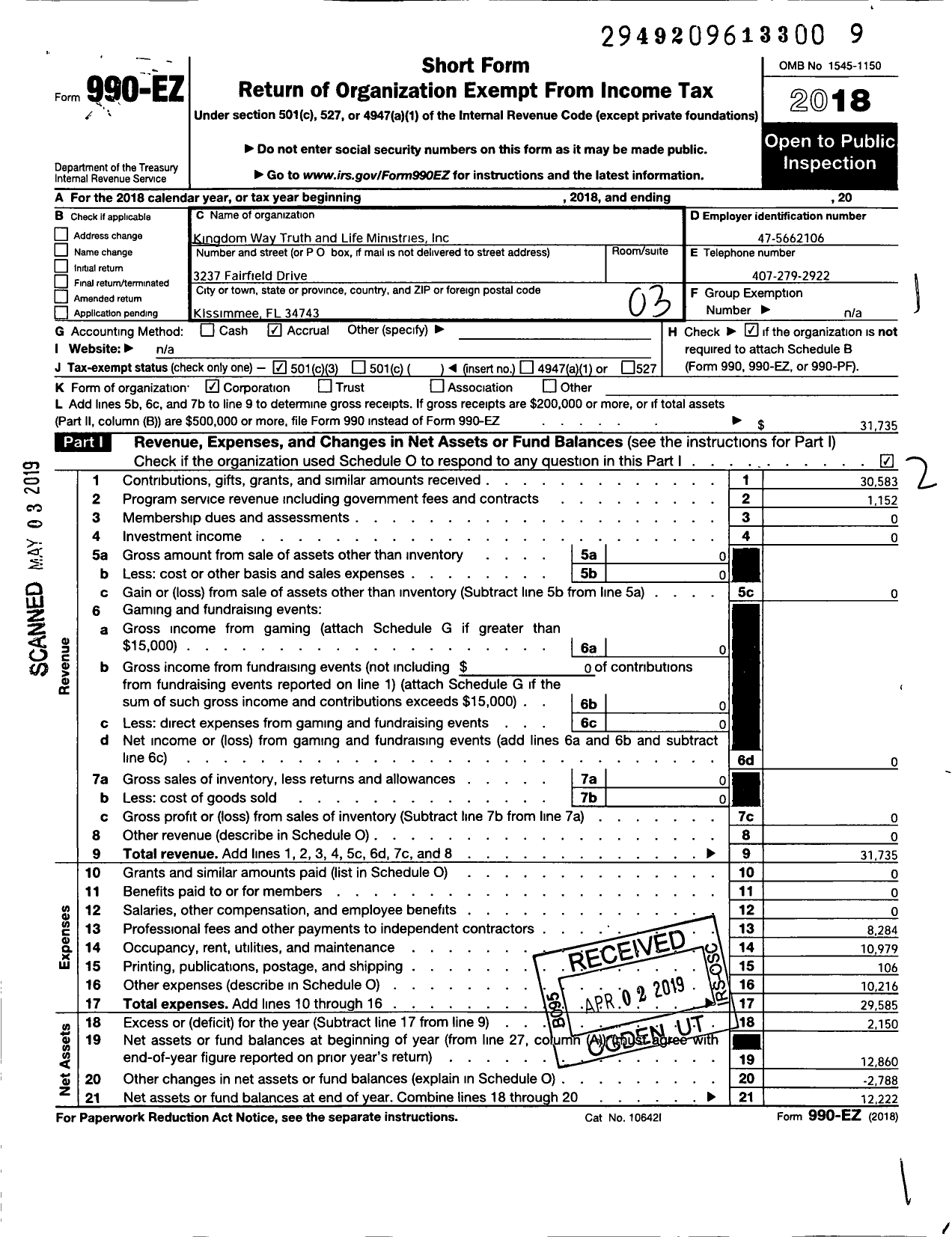 Image of first page of 2018 Form 990EZ for Kingdom Way Truth and Life Ministry