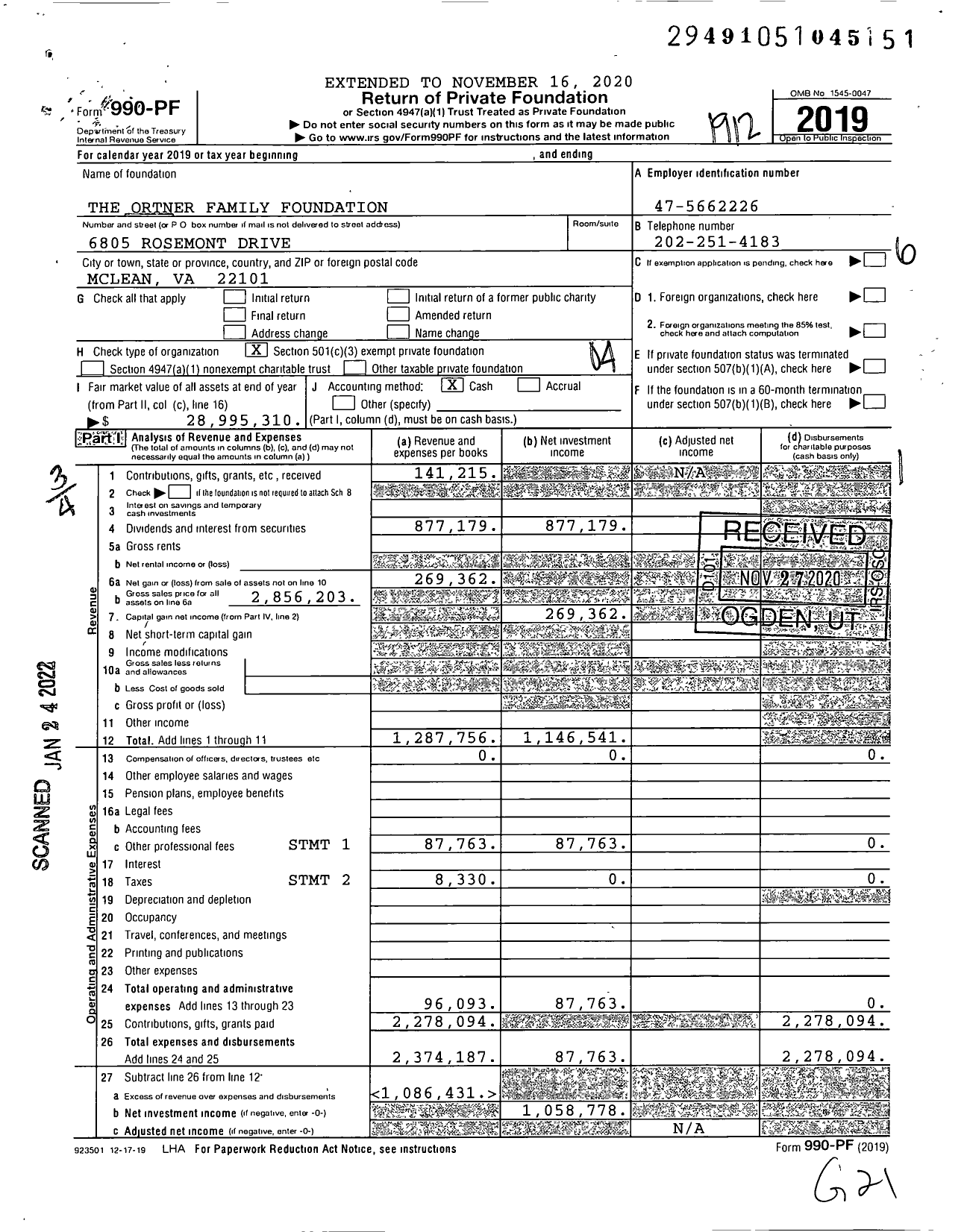 Image of first page of 2019 Form 990PF for The Ortner Family Foundation