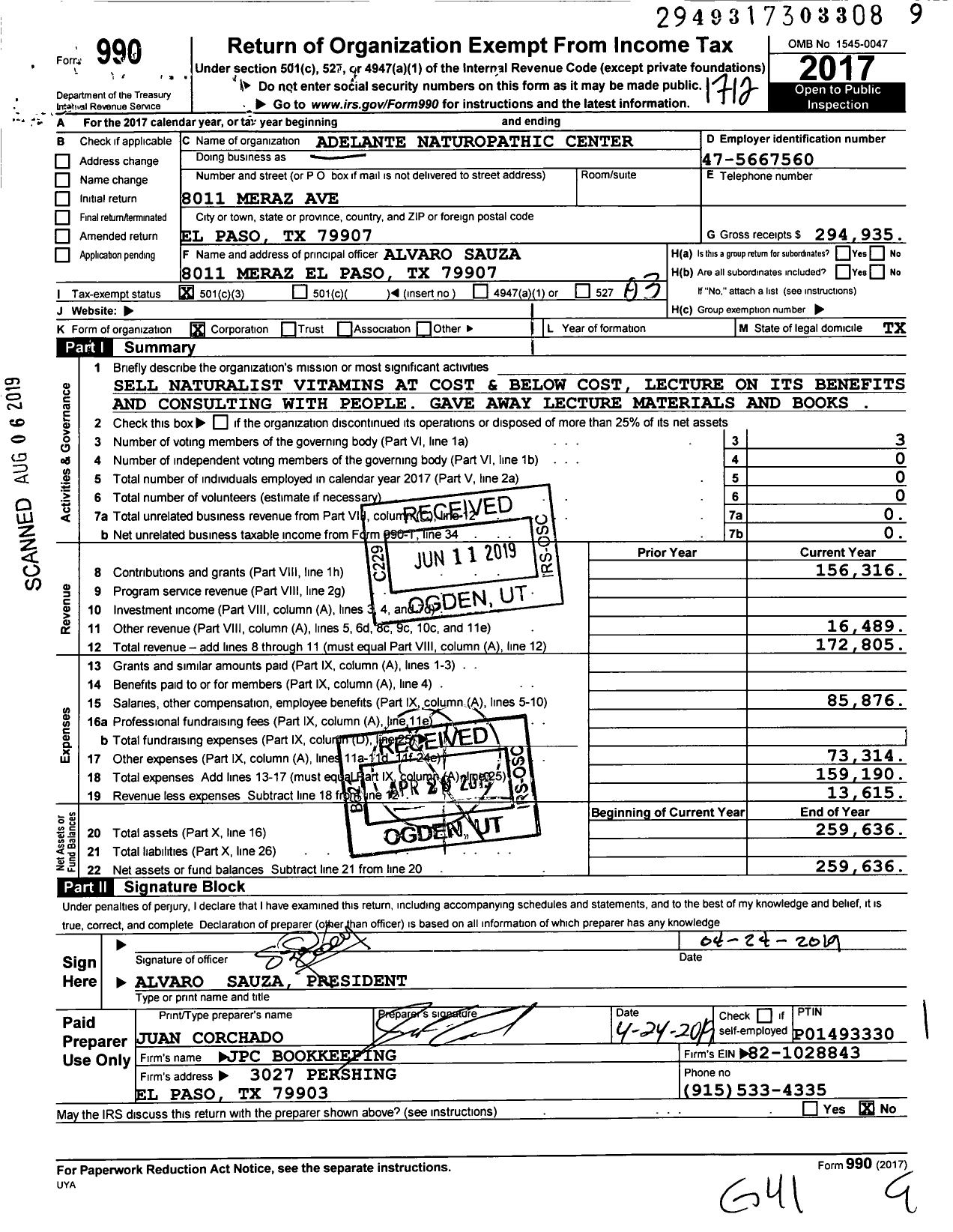 Image of first page of 2017 Form 990 for Adelante Naturopathic Center