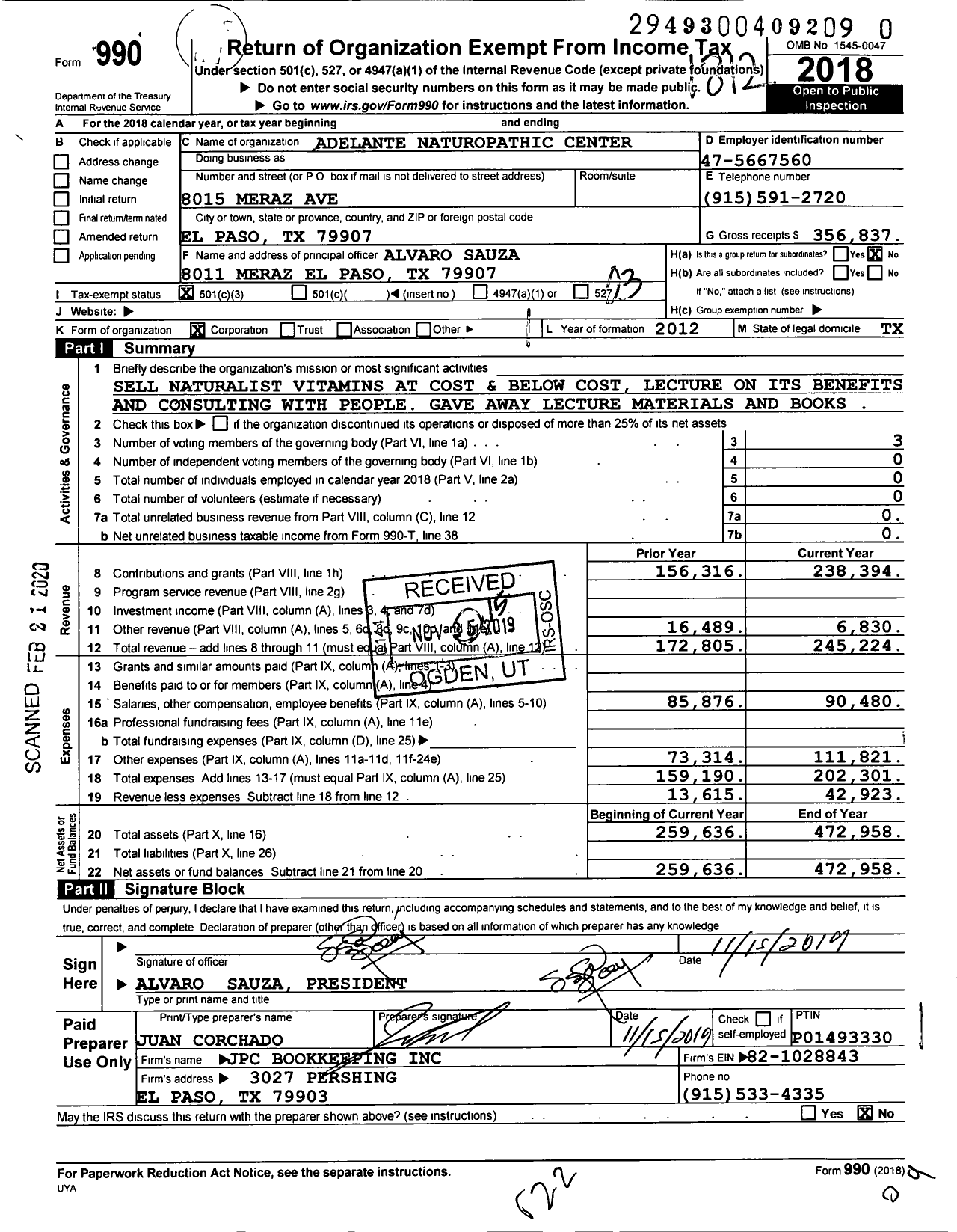 Image of first page of 2018 Form 990 for Adelante Naturopathic Center