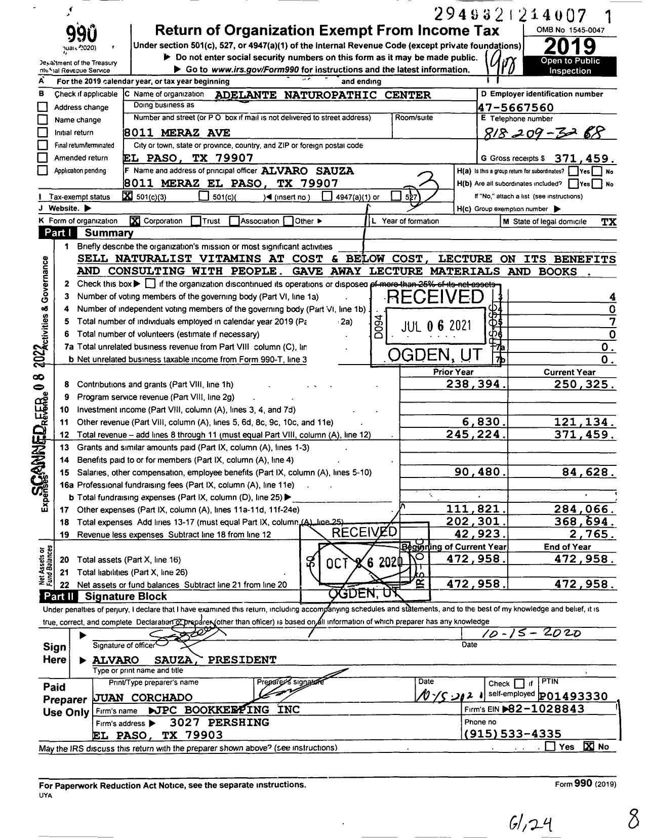 Image of first page of 2019 Form 990 for Adelante Naturopathic Center