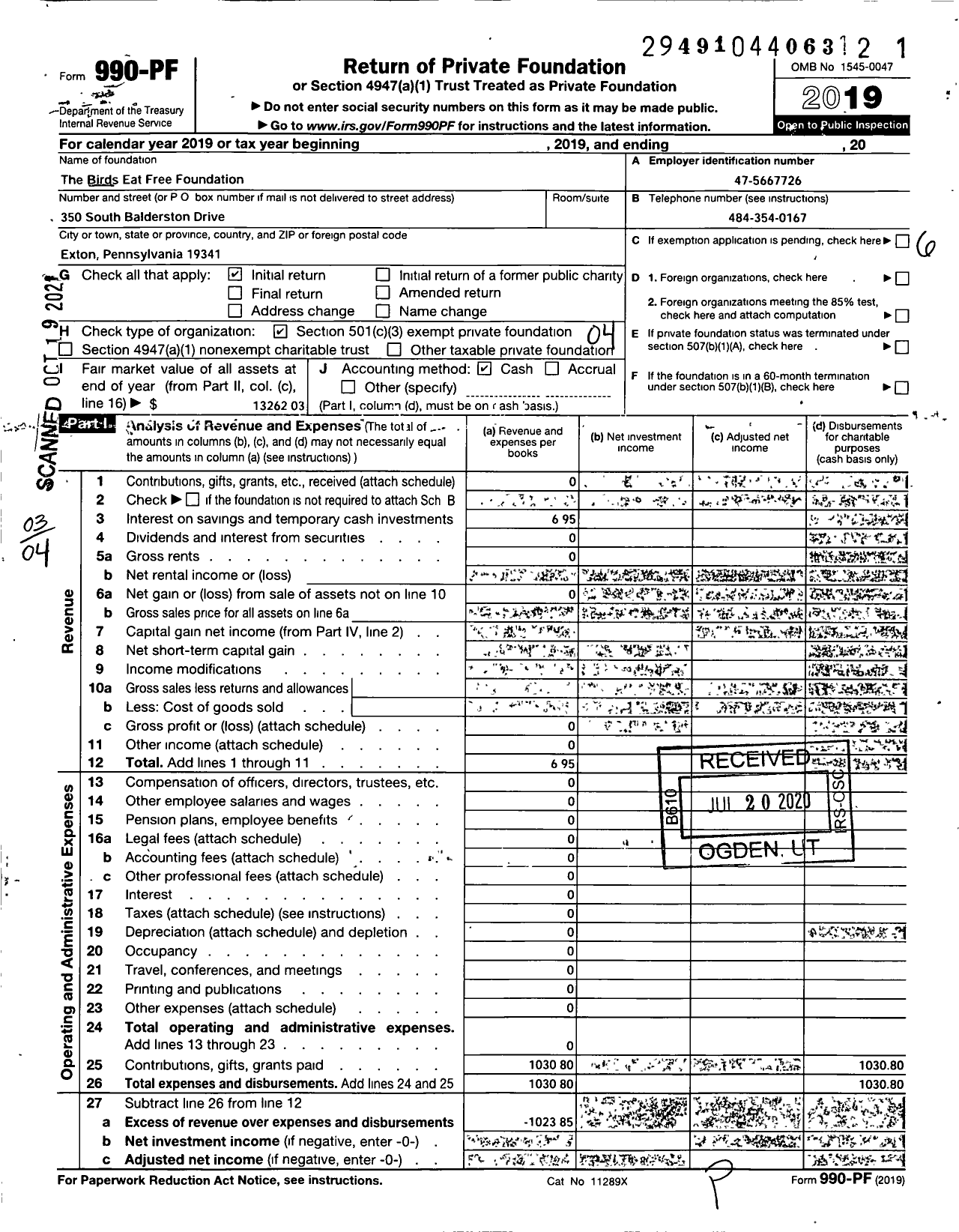 Image of first page of 2019 Form 990PF for Birds Eat Free Foundation