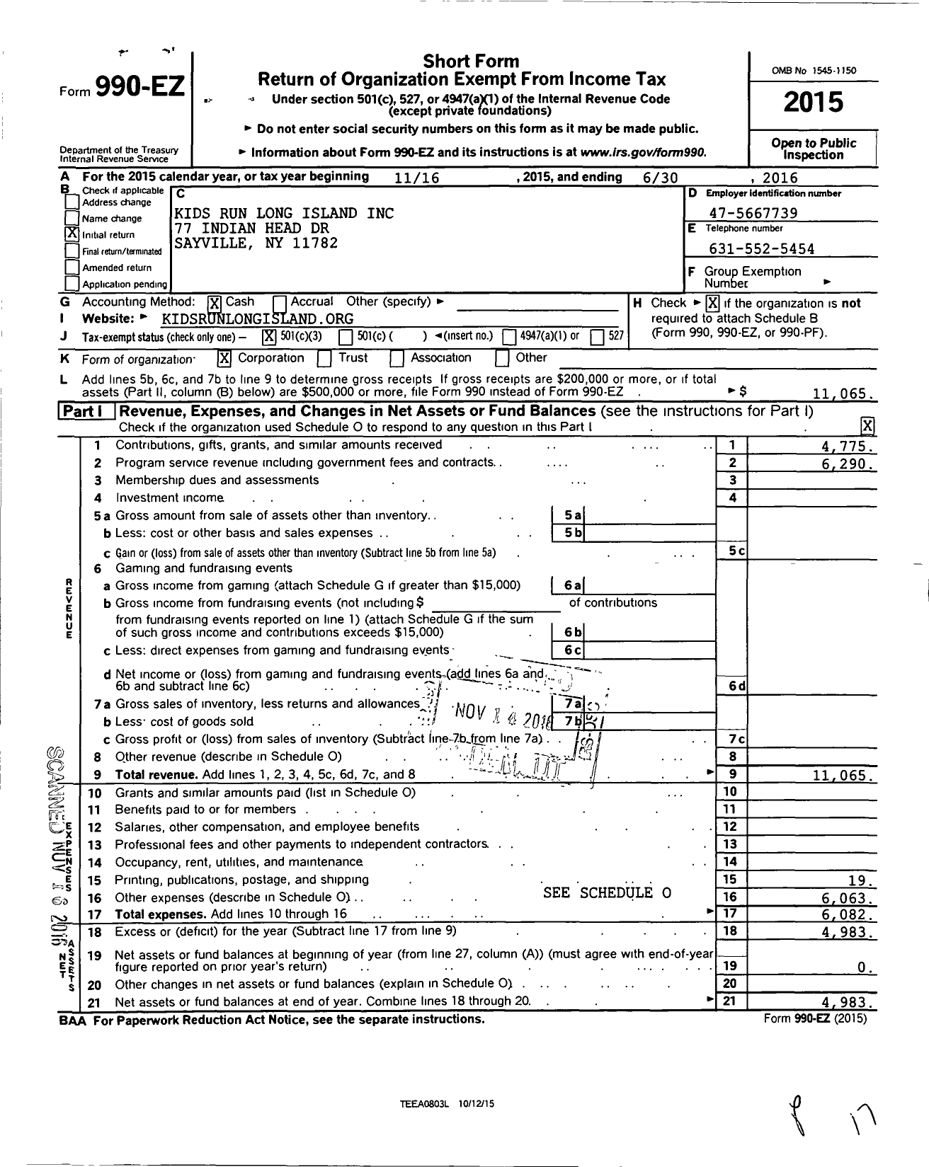 Image of first page of 2015 Form 990EZ for Kids Run Long Island