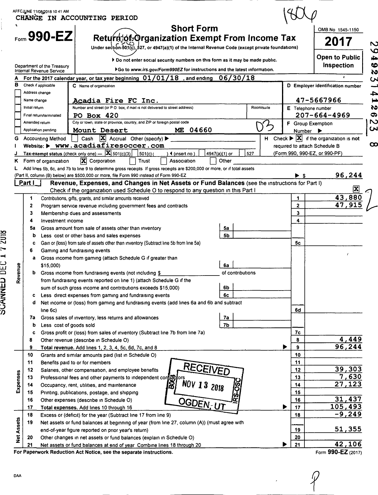 Image of first page of 2017 Form 990EZ for Acadia Fire FC