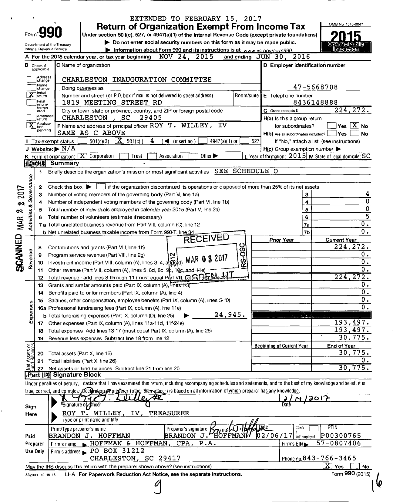 Image of first page of 2015 Form 990O for Charleston Inauguration Committee