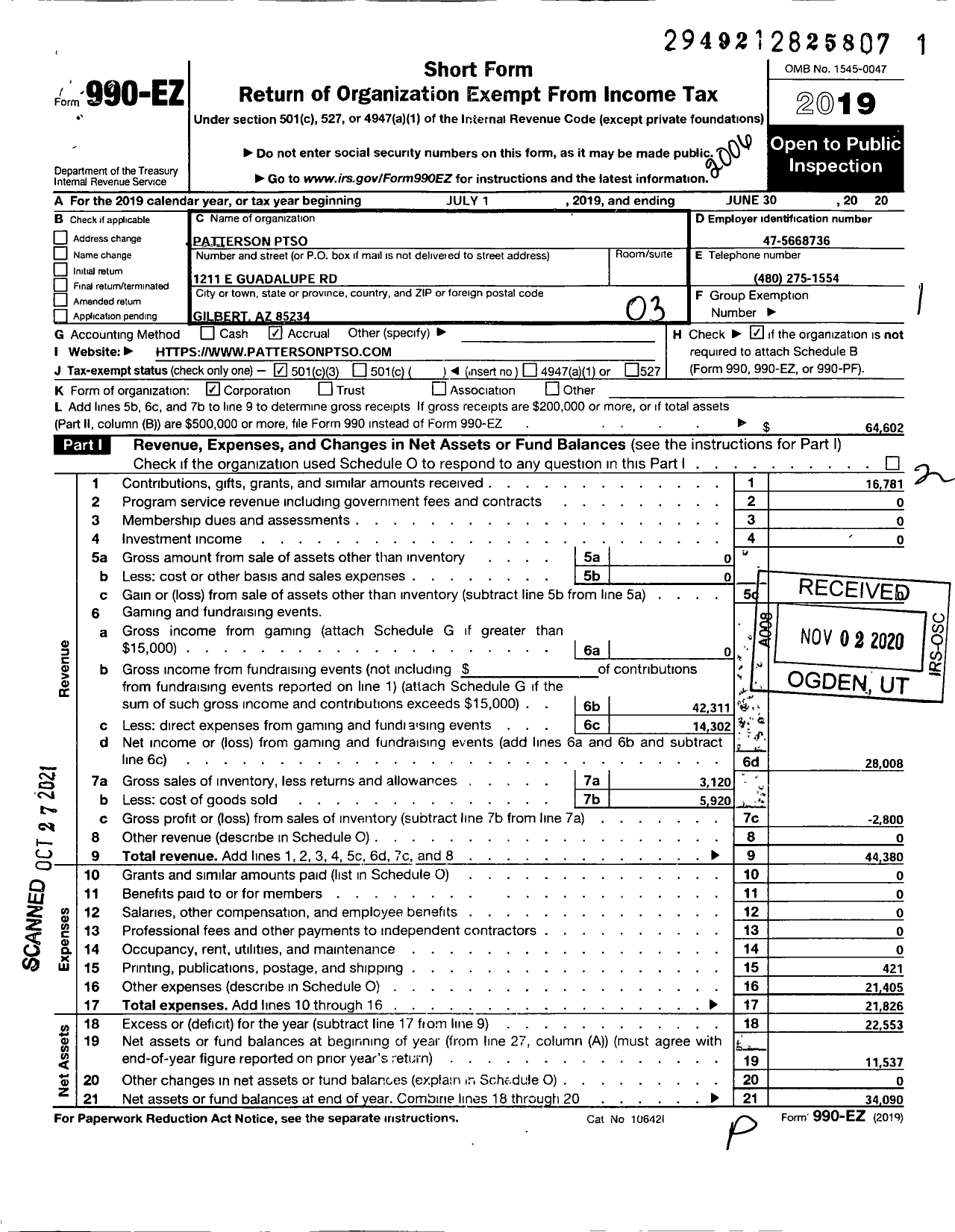 Image of first page of 2019 Form 990EZ for Patterson Ptso