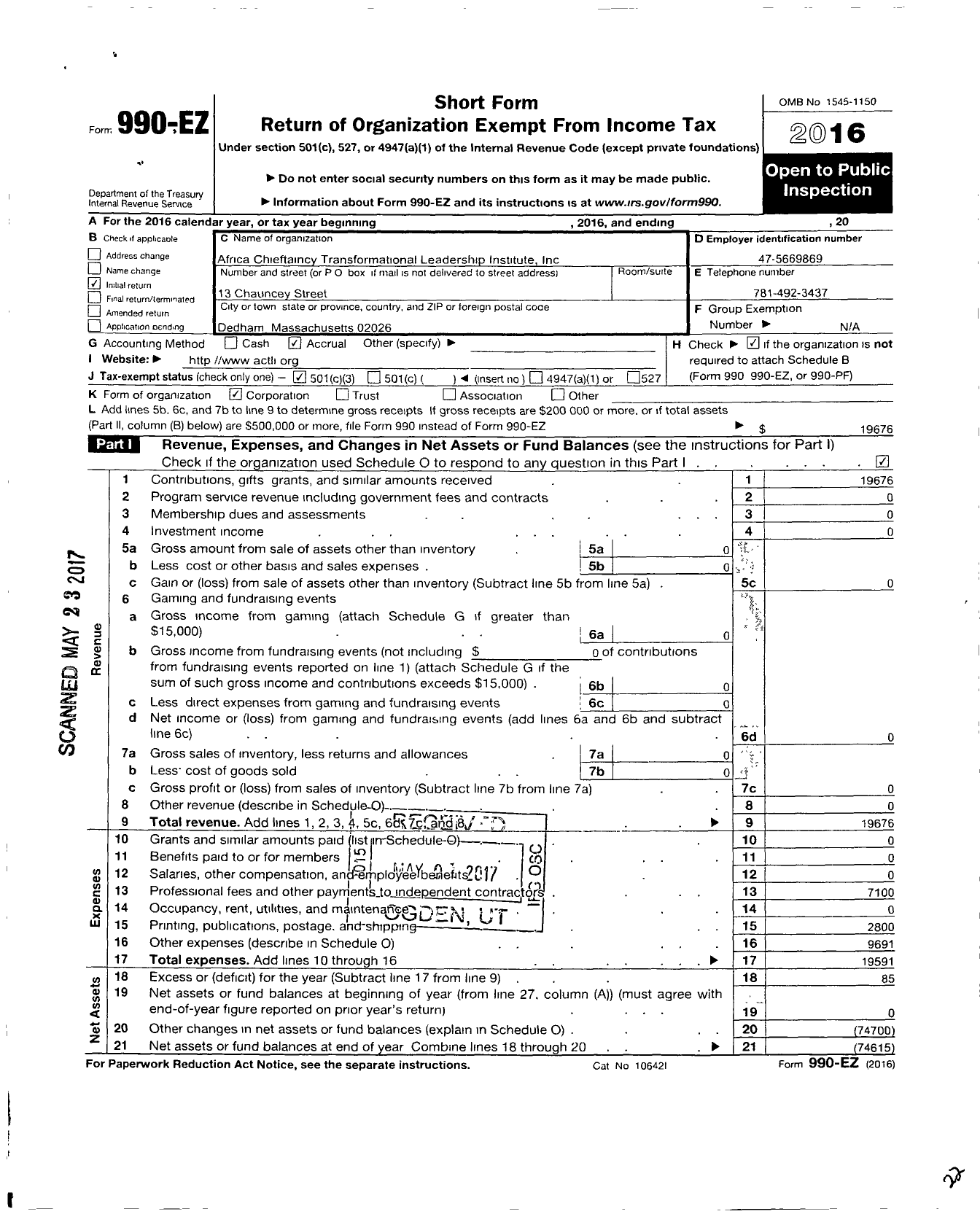 Image of first page of 2016 Form 990EZ for Africa Chieftaincy Transformational Leadership Institue