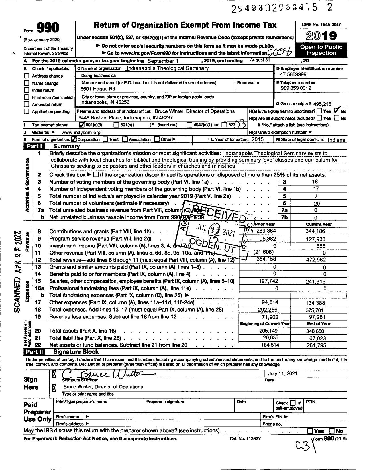 Image of first page of 2019 Form 990 for Indianapolis Theological Seminary