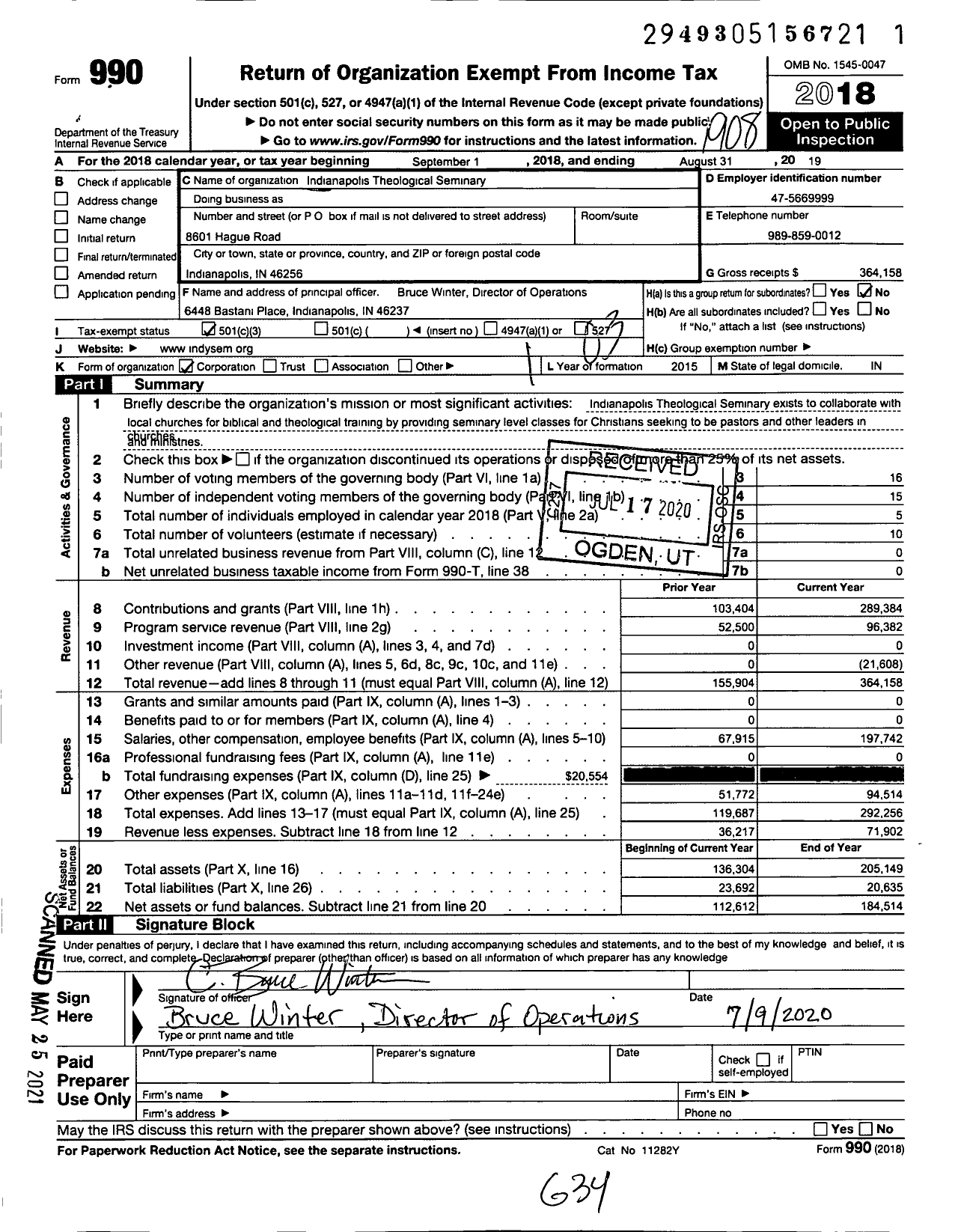 Image of first page of 2018 Form 990 for Indianapolis Theological Seminary