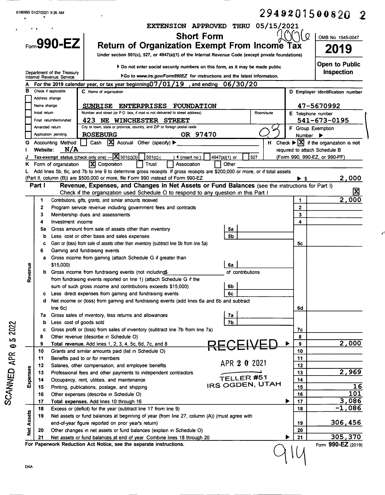 Image of first page of 2019 Form 990EZ for Sunrise Enterprises Foundation