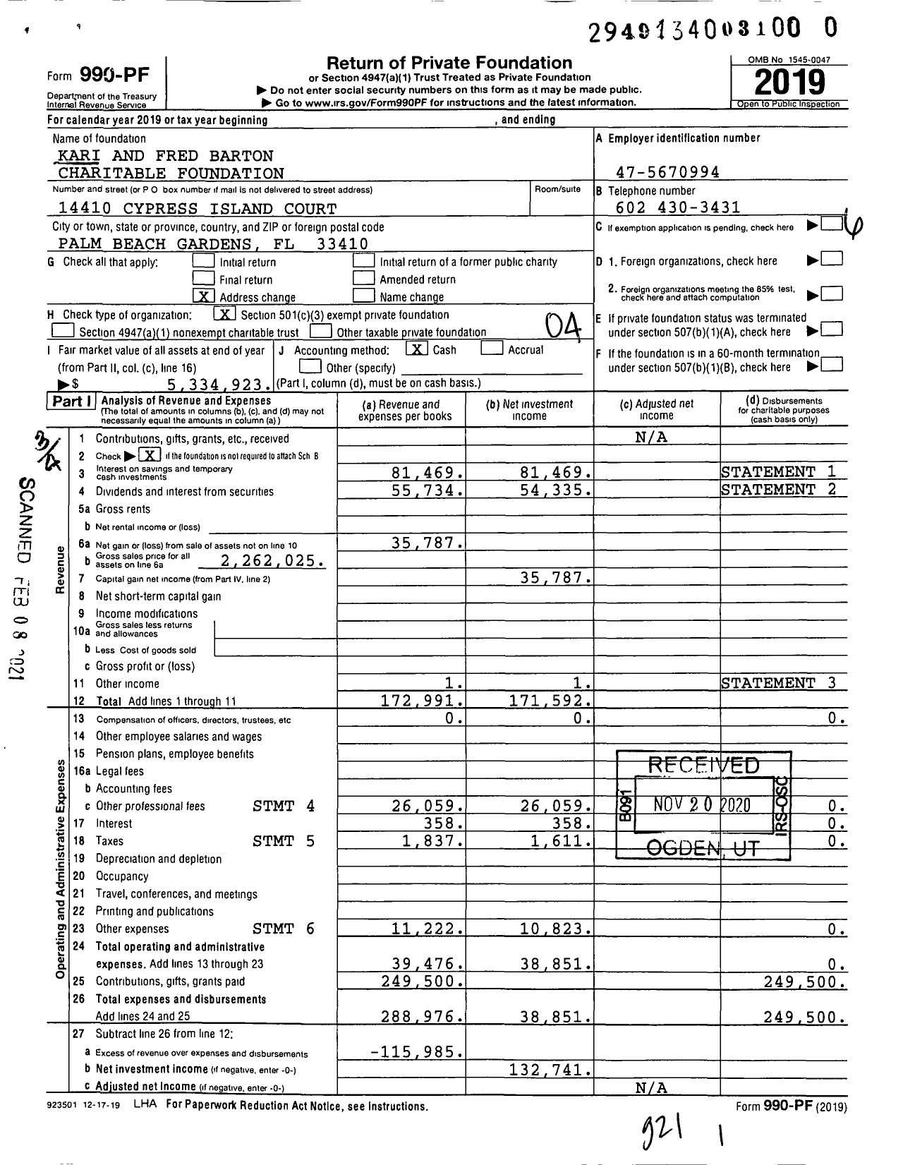 Image of first page of 2019 Form 990PF for Kari and Fred Barton Charitable Foundation