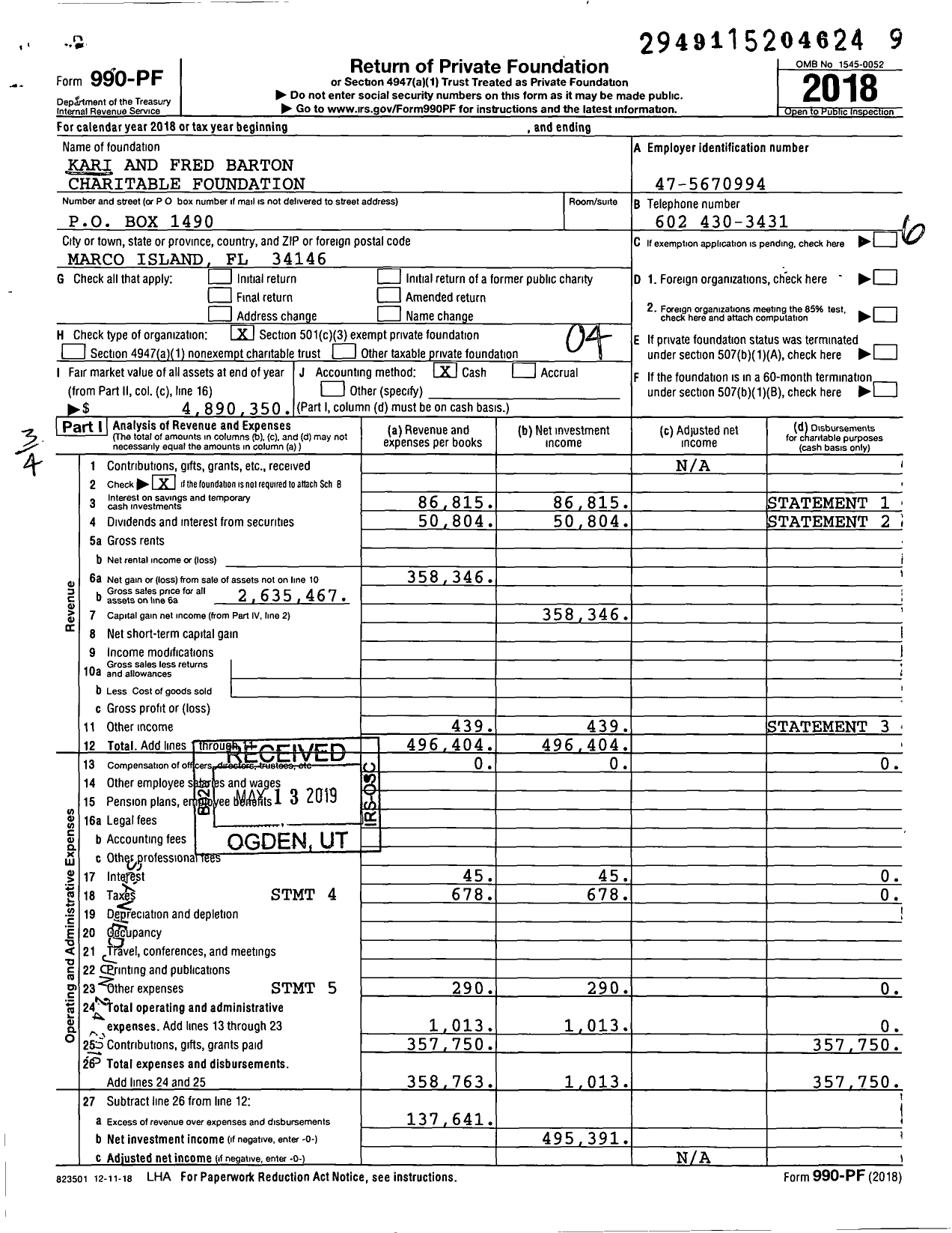 Image of first page of 2018 Form 990PF for Kari and Fred Barton Charitable Foundation