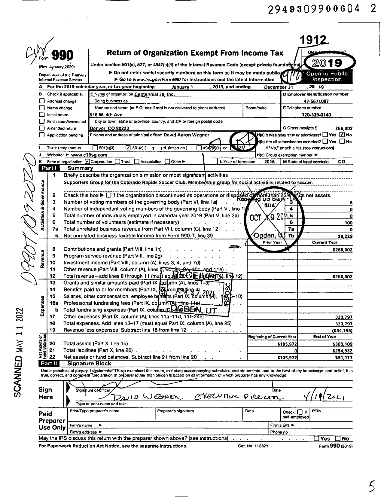 Image of first page of 2019 Form 990O for Centennial 38 Incorporated