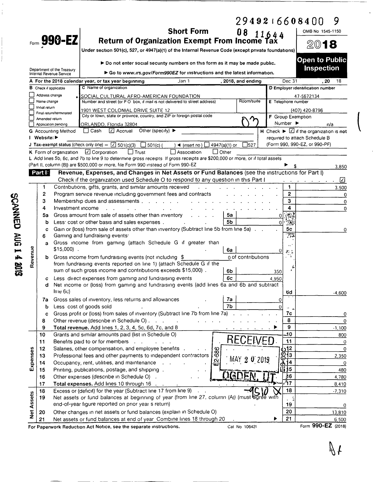 Image of first page of 2018 Form 990EZ for Socio-Cultural Afro-American Foundation