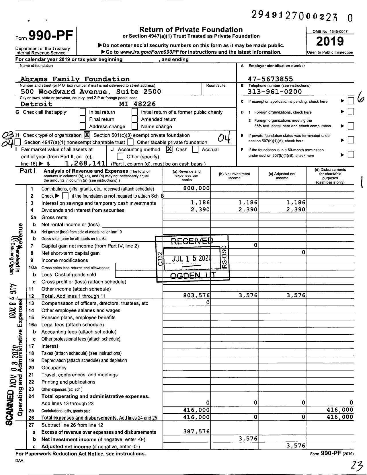 Image of first page of 2019 Form 990PF for Abrams Family Foundation